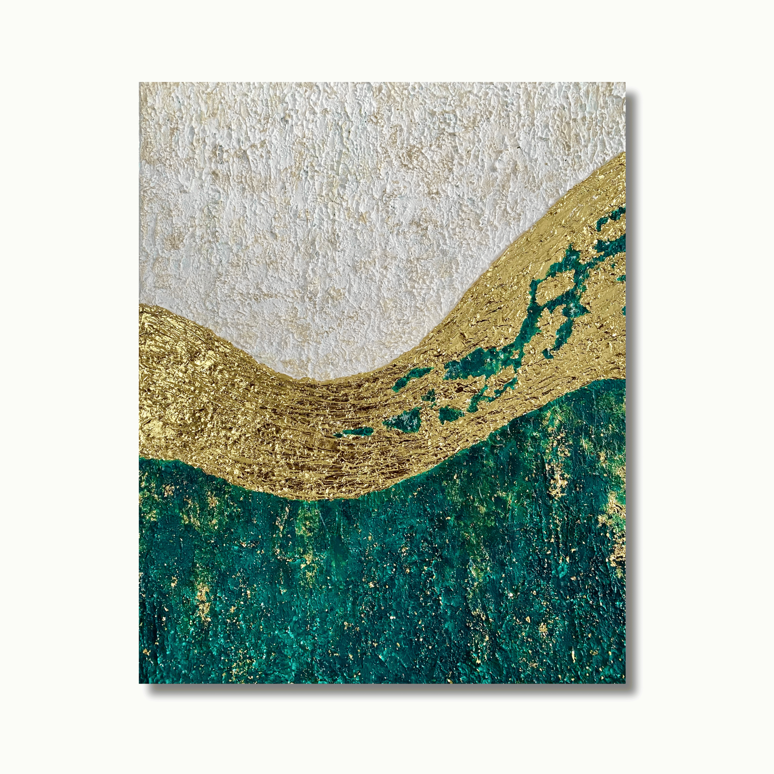 Abstract acrylic painting art print of a crashing wave in deep emerald green and metallic gold tones by Diantha Boardman.
