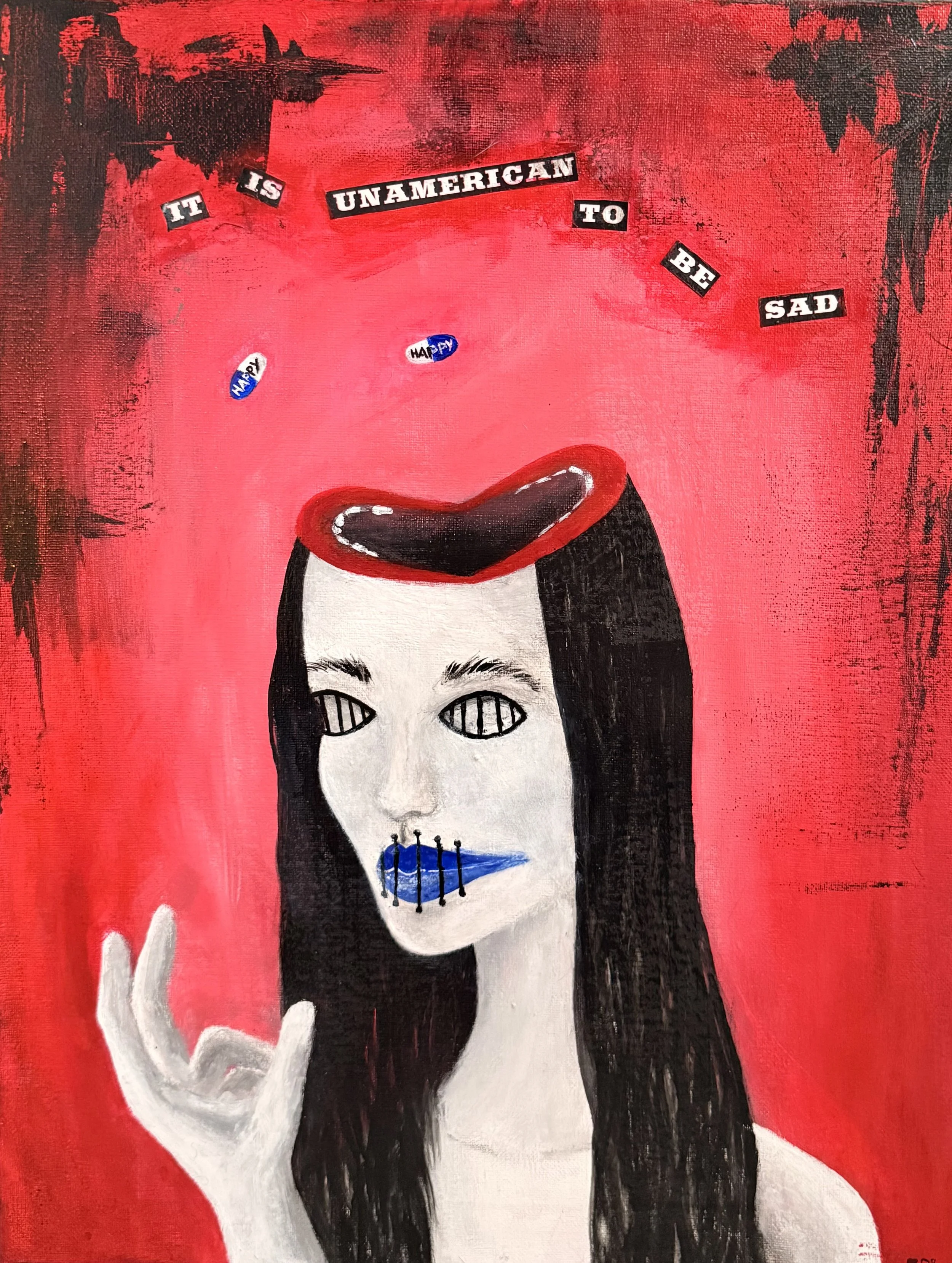 A surreal painting of a woman with long black hair against a red background. Her head is open at the top with a red outline, resembling a cup or a top hat. Her eyes are replaced with vertical black lines, and her mouth is blue with black bars across it. There are three small figures in blue on her face, and the background has black abstract shapes. The words 'It is unamerican to be sad' are cut out and arranged above her head.