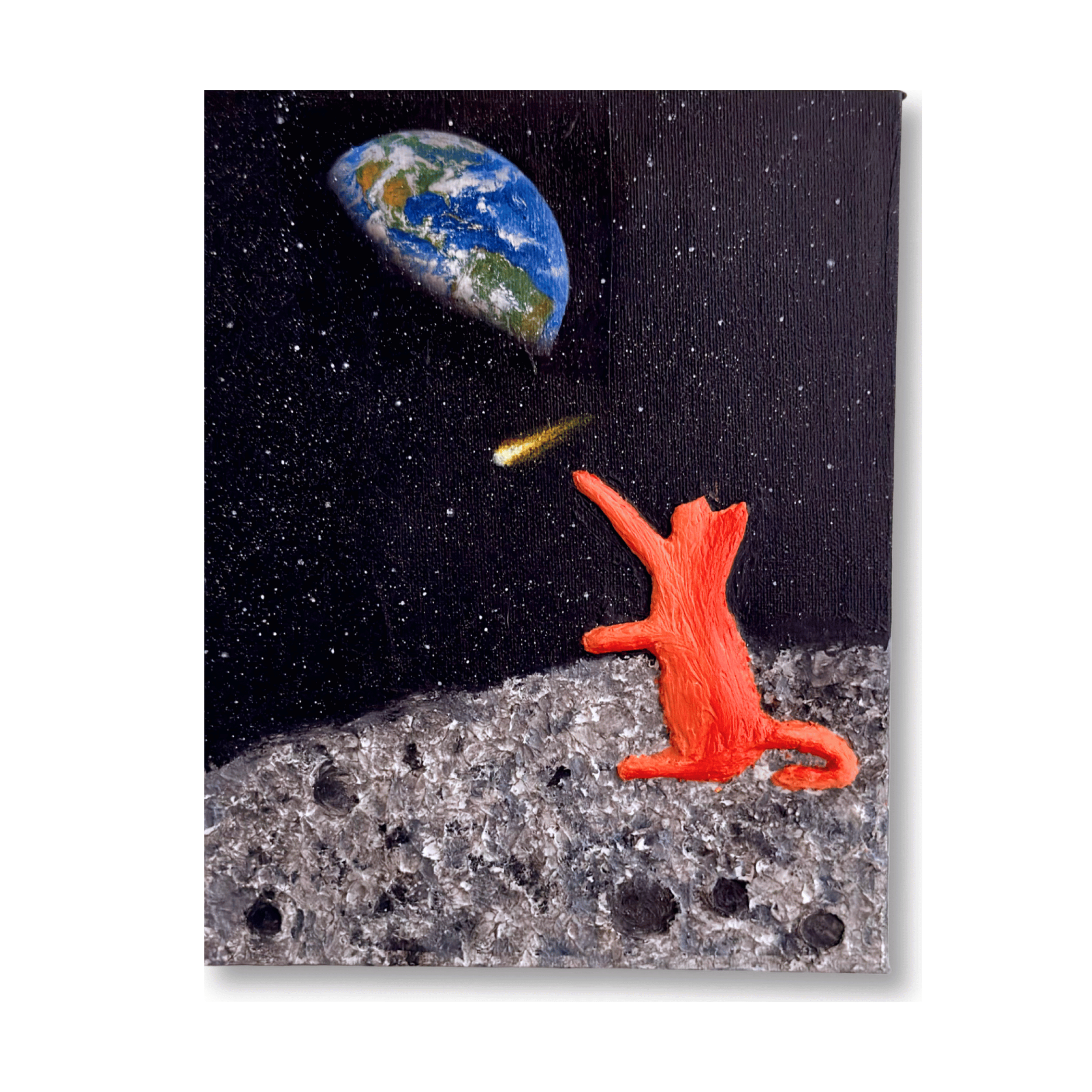 Original 8x10 mixed media painting of a cat sitting on the moon, trying to catch a comet, by Diantha Boardman.