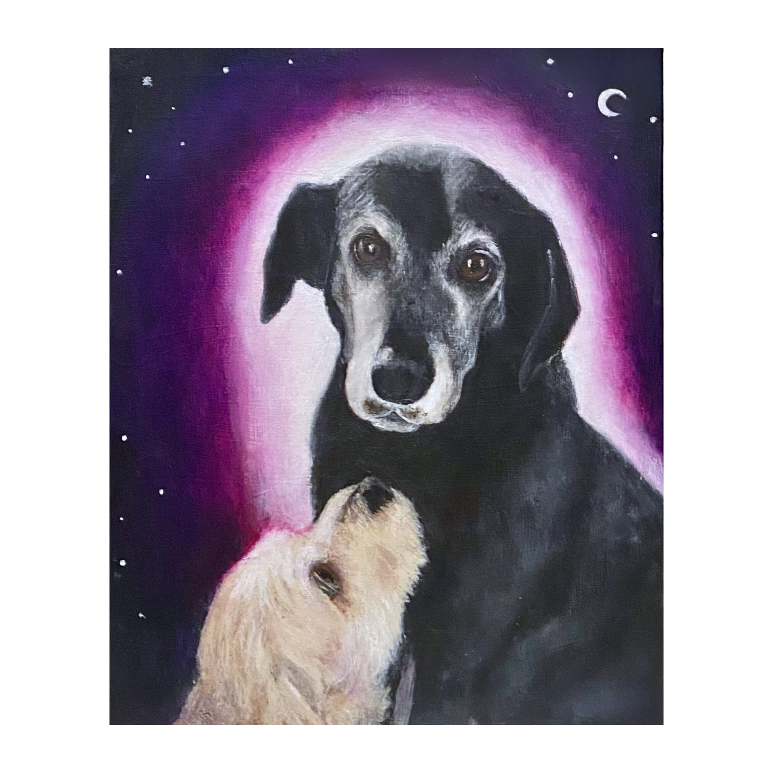 Close up of a fine art print of a dog portrait featuring an older black dog with a pink halo and a white dog looking up at them under a crescent moon by Diantha Boardman.