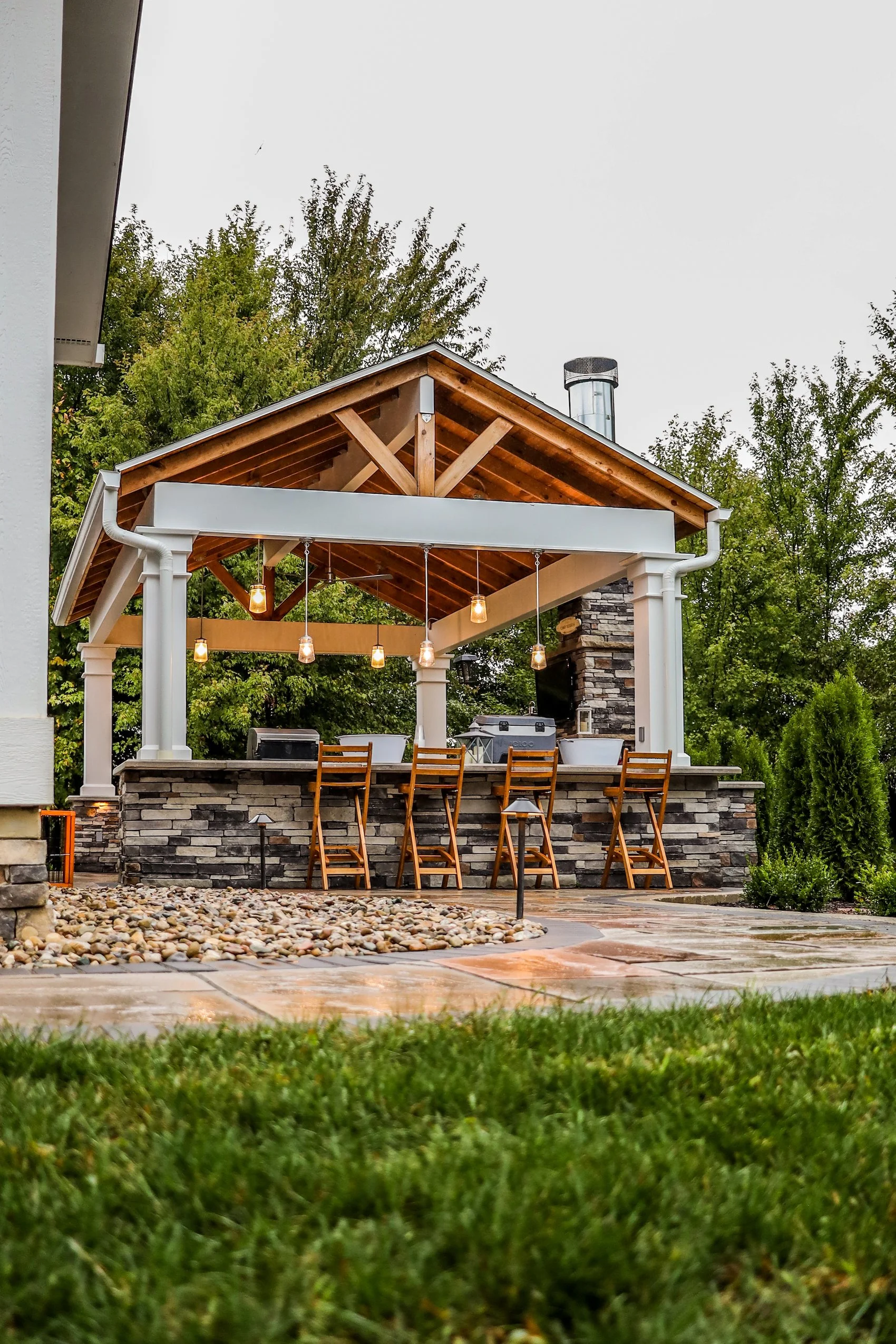 Pavilion, Paver Patio, Outdoor Kitchen, Fire Pit, Outdoor Lighting in