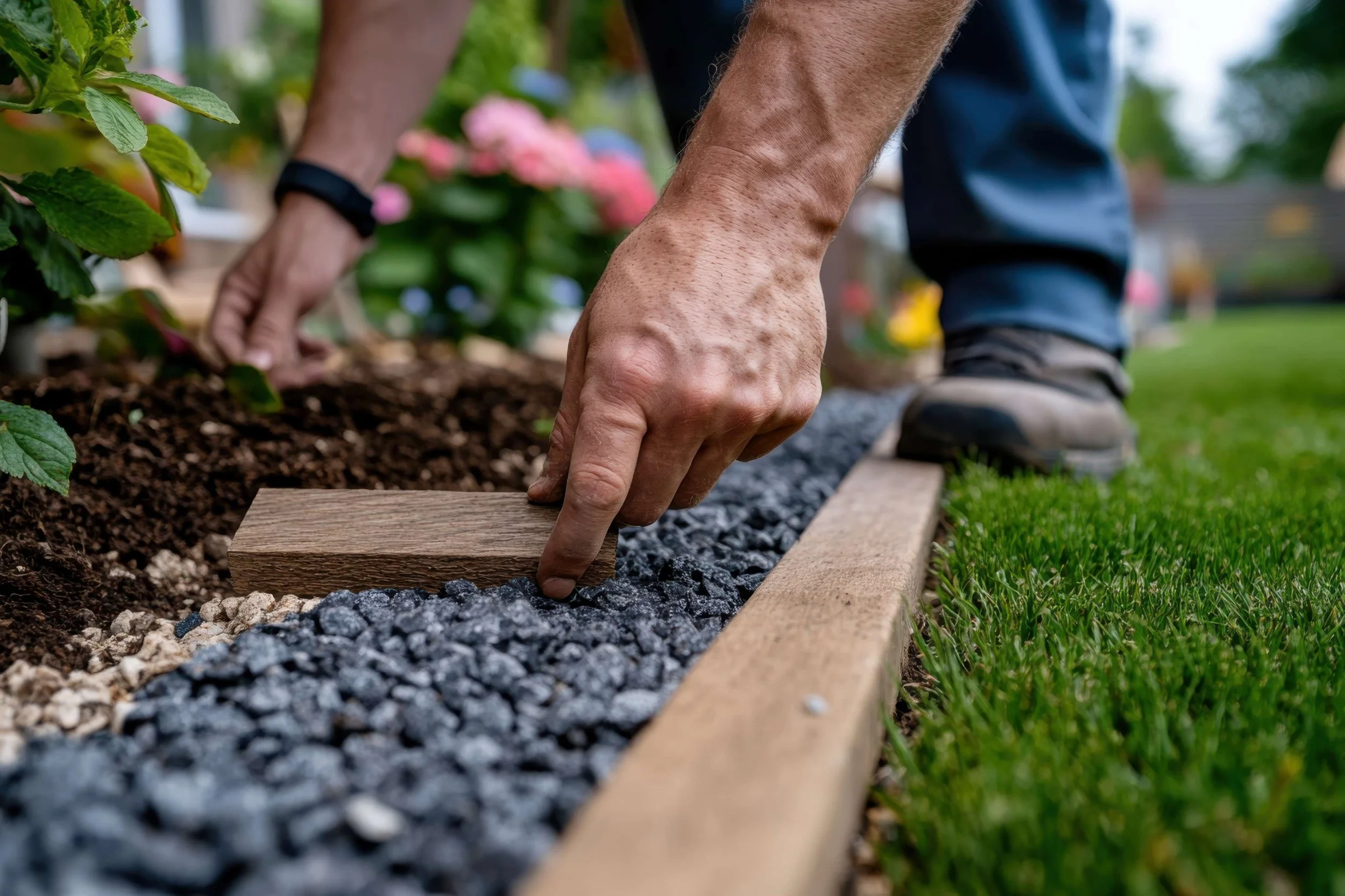 Contractor installing pea gravel base along edging, landscaping stone near me in Lehigh Valley, PA.