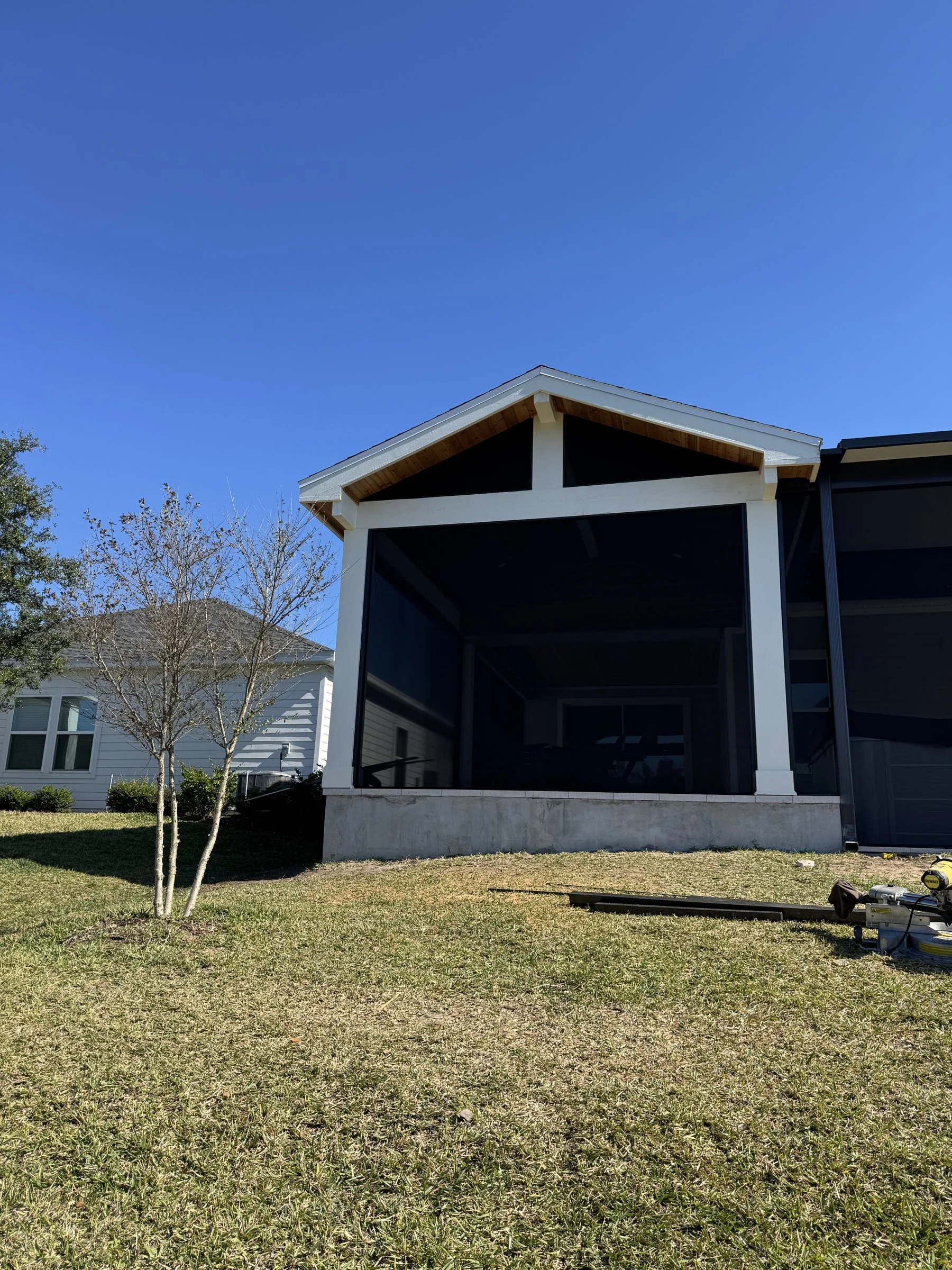 A-frame cedar gazebo and screen enclosure over a patio extension, Stillwater, St. Johns FL