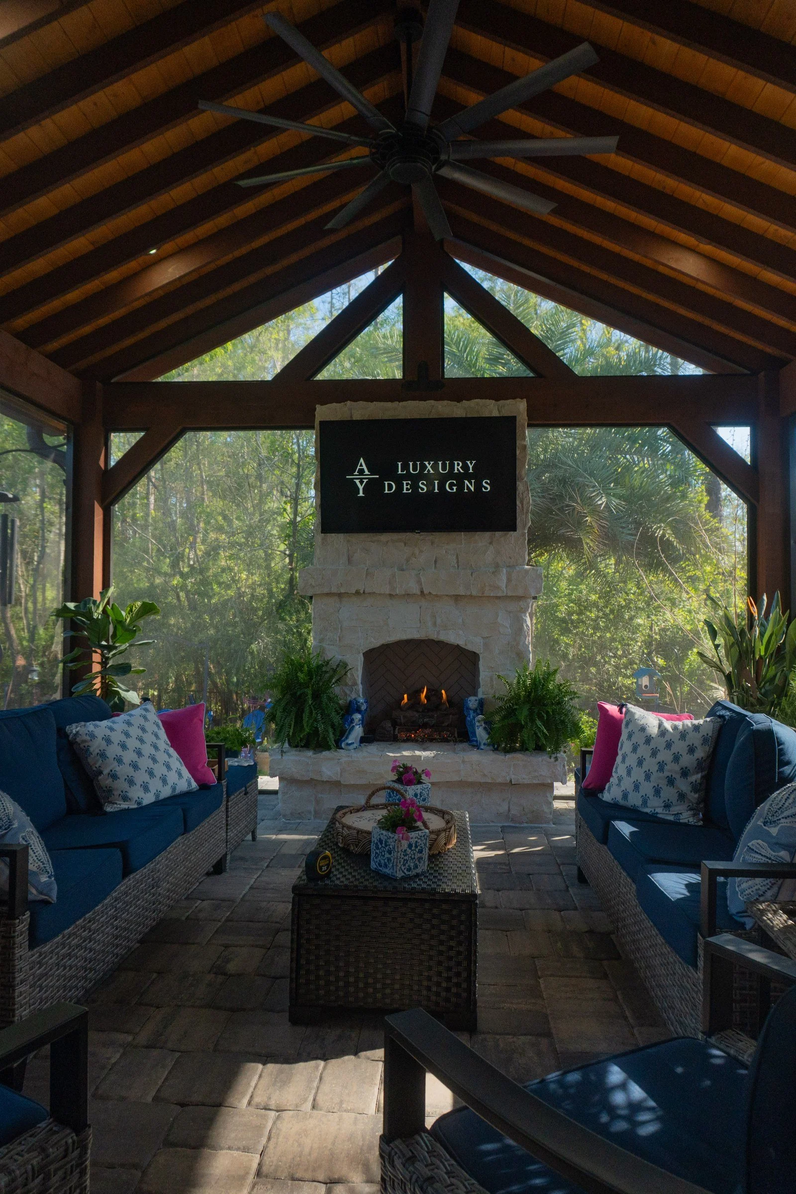 A-frame cedar gazebo with gas fireplace in Cypress Trails, Nocatee FL