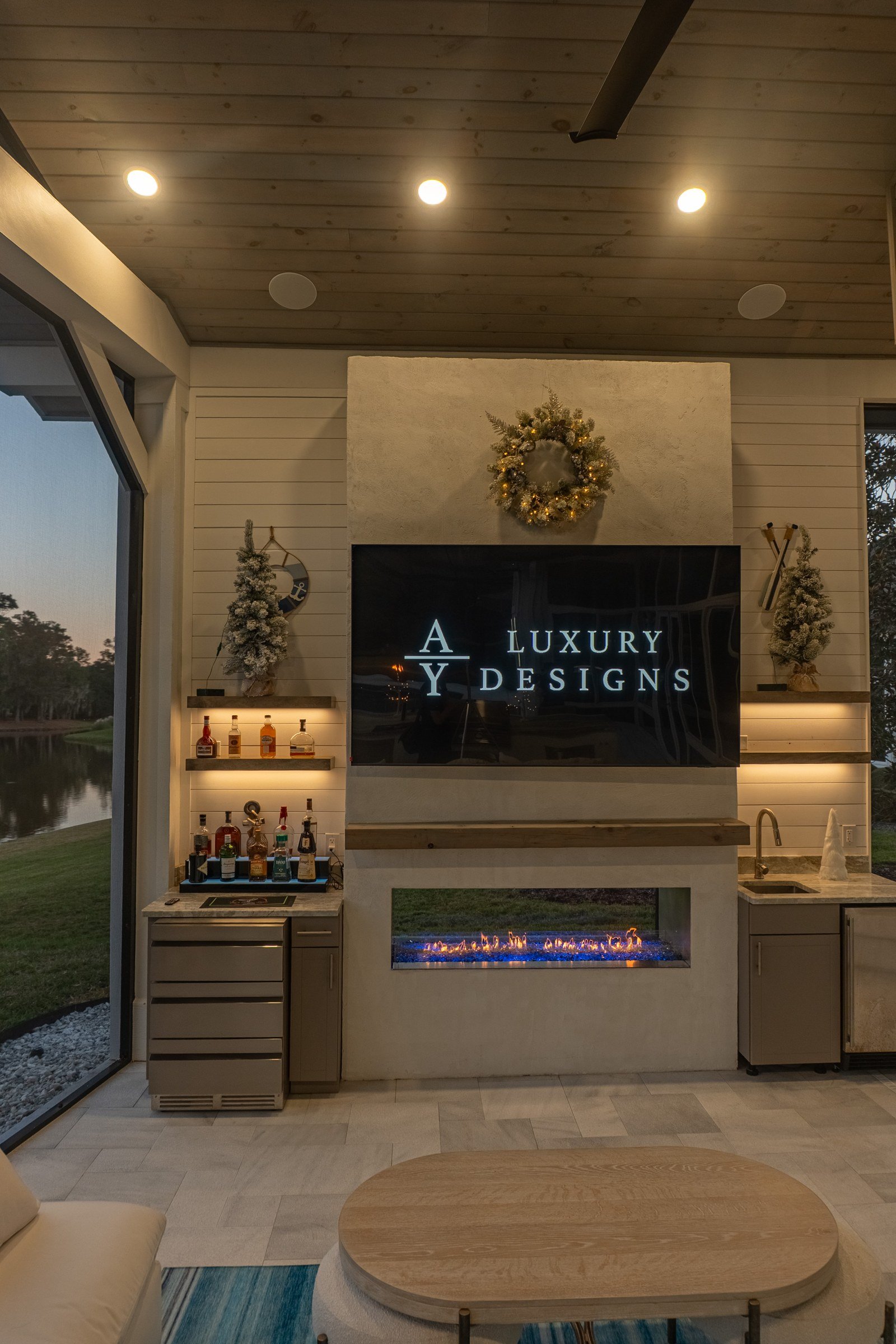 Linear gas fireplace under a cedar gazebo, Ponte Vedra Beach