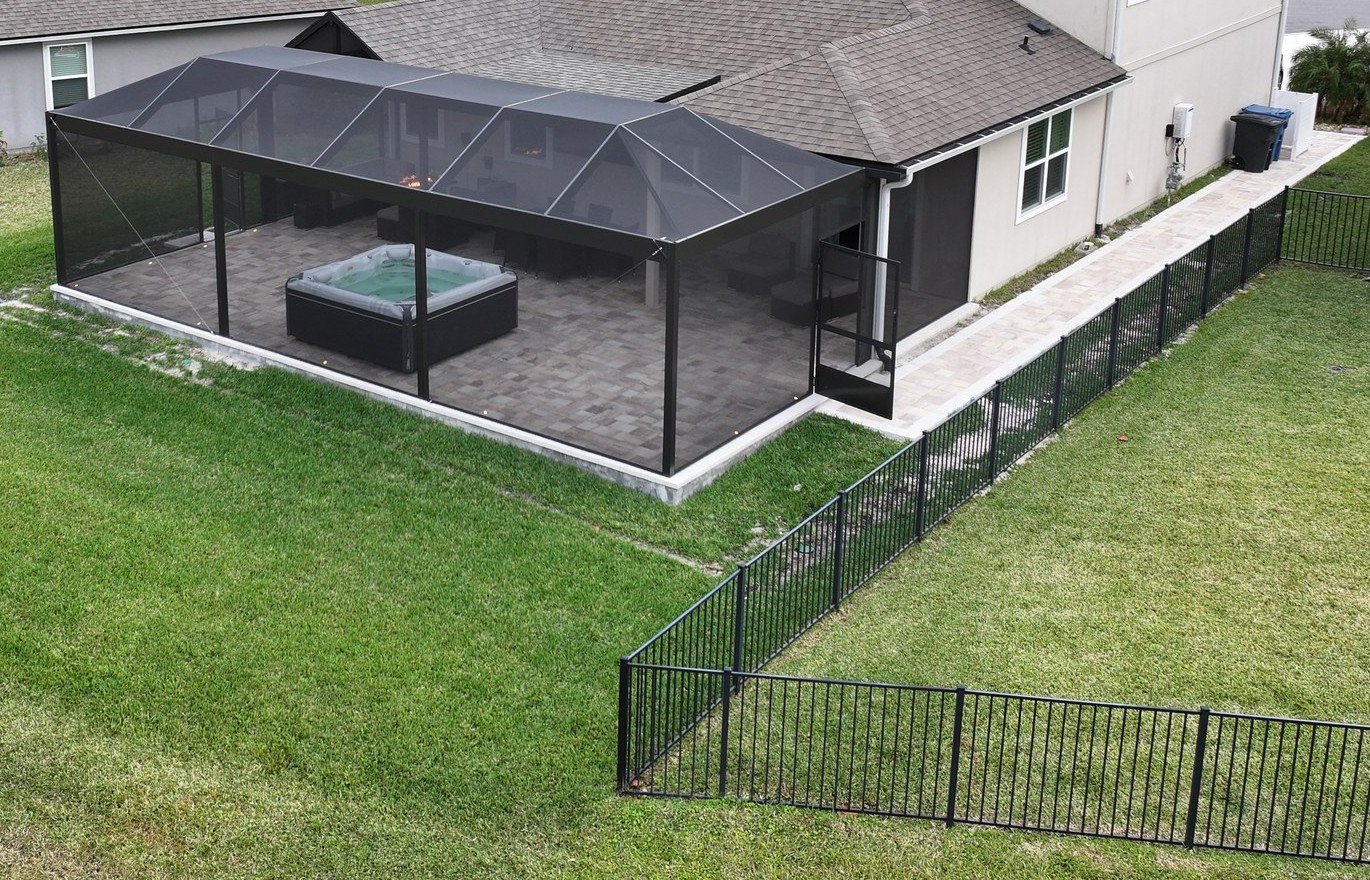 Aerial view of a composite-roof screen enclosure in Aberdeen, St. Johns FL
