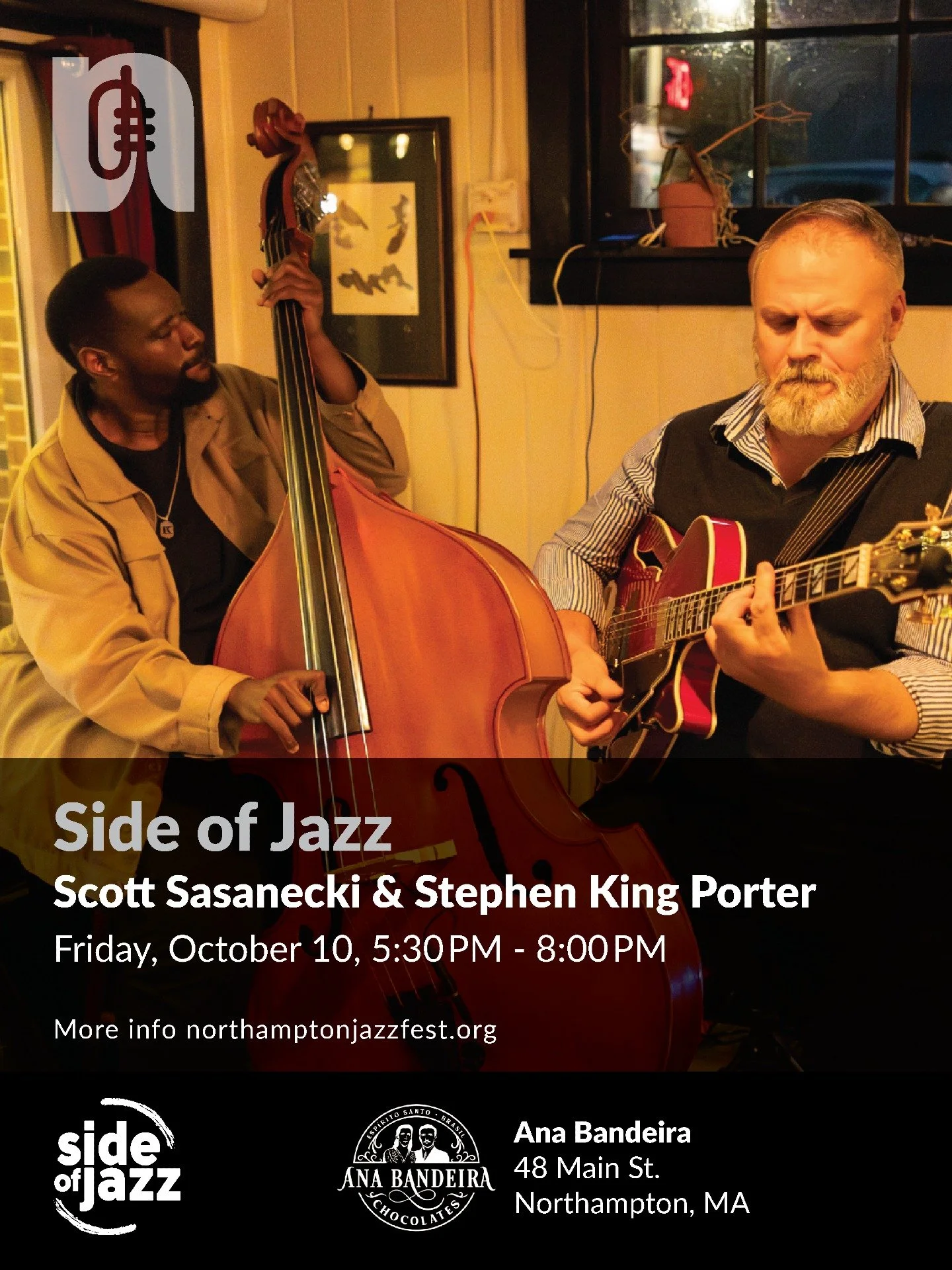 🎶 Join us for Side of Jazz featuring Scott Sasnecki &amp; Stephen King Porter on October 10 from 5:30 to 8:00 PM at Ana Bandeira (@anabandeirachocolates) in Northampton. Don&rsquo;t miss this evening of fantastic live jazz!

Photo Credit: @dire_wolf