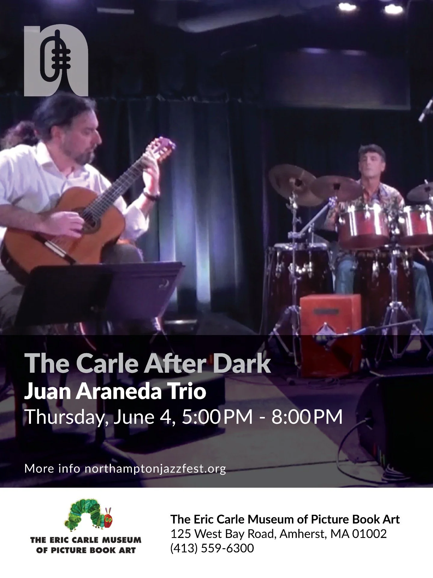 Join us Thursday, June 4 from 5 to 8 PM for The Carle After Dark at the Eric Carle Museum of Picture Book Art featuring the Juan Araneda Trio with Ed Montalvo and Nick Shaw. 🎶

The Juan Araneda Trio brings a vibrant blend of Latin jazz, samba, bossa