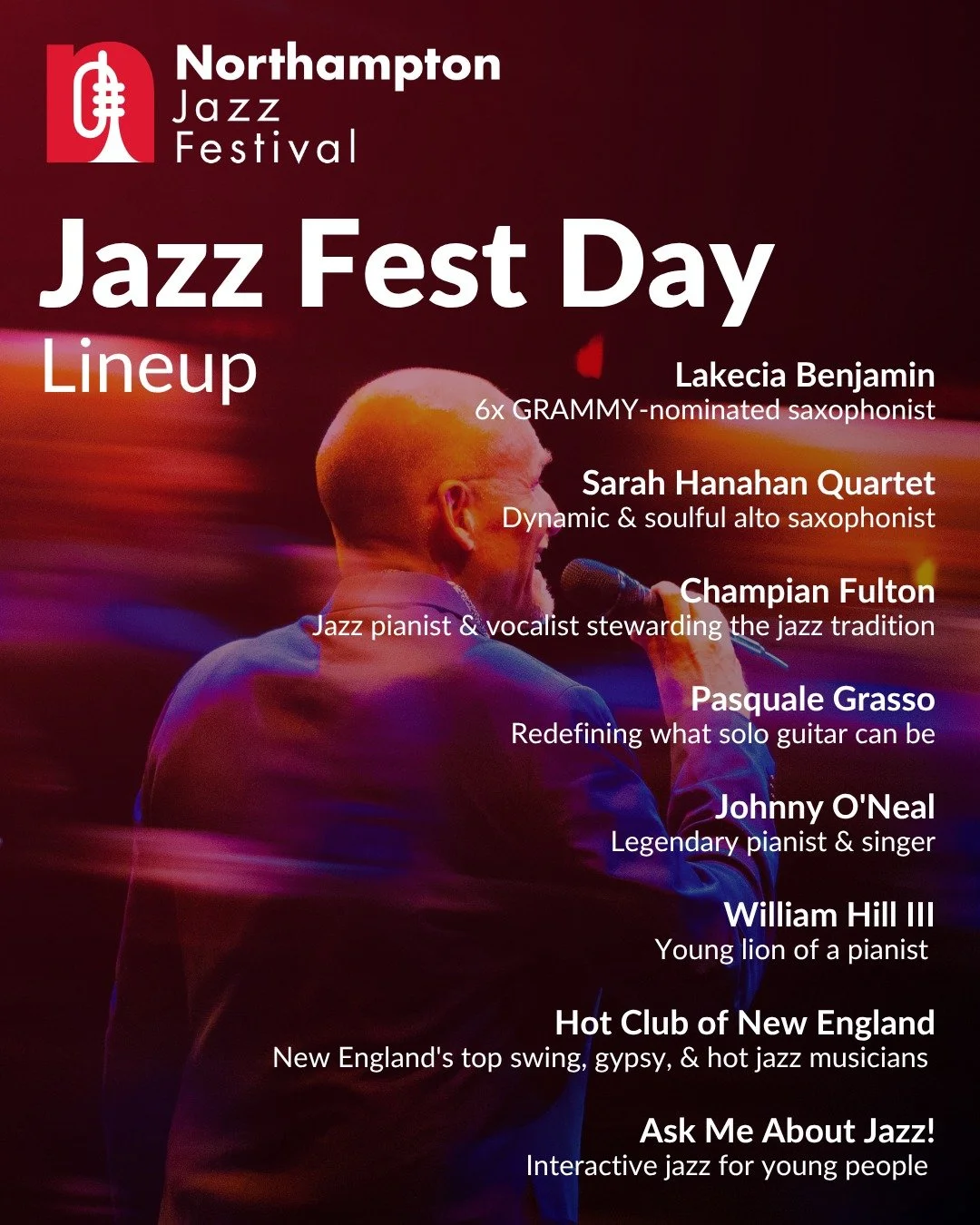 Our 2026 Jazz Fest Day Lineup is here!

Spend the day enjoying free live jazz all day with musicians from around the region and across the country performing in a variety of downtown Northampton venues. Then cap it all off with our unforgettable even