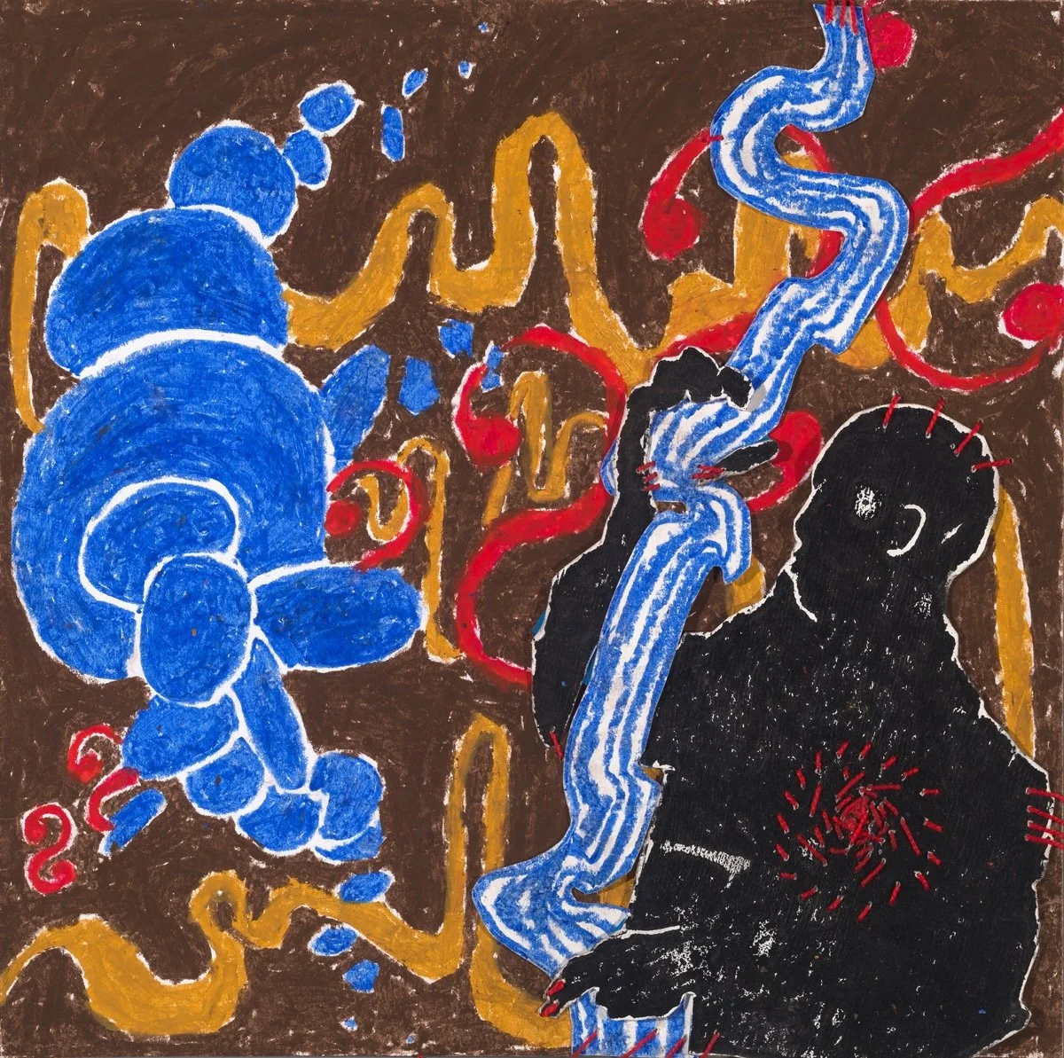 Ursa Rossman. Woodcut with oil pastel and embroidery.
