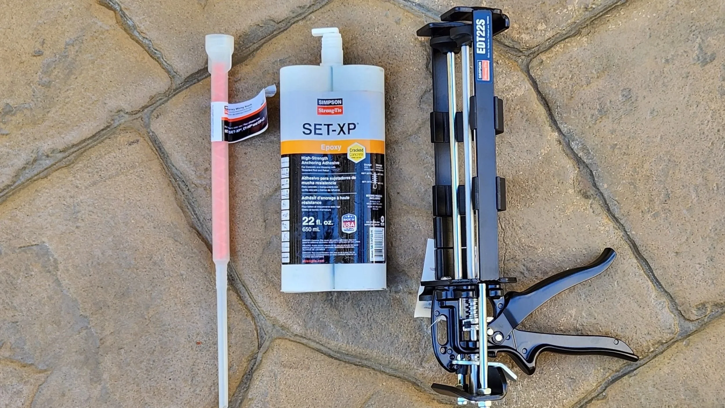 Simpson Strong-Tie SET-XP epoxy cartridge and dispensing gun used for post-installed anchor inspection in Alhambra