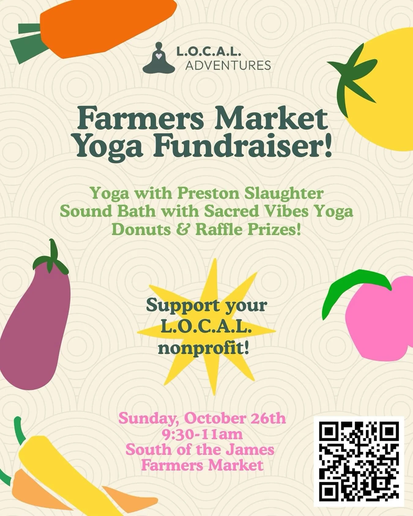 Join us for our final Farmers Market Yoga gathering of the season! 🌻🤸🏻&zwj;♀️

We&rsquo;re wrapping up the season with community yoga + sound bath led by @prestonslaughter_ and @sacred_vibes_yoga_ followed by donuts, raffle prizes, and good vibezz