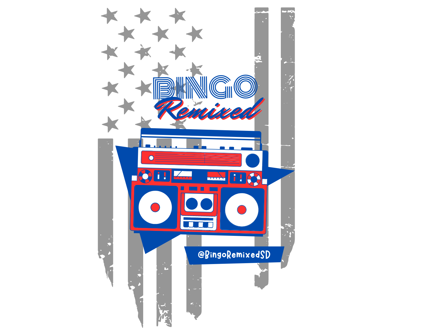 Graphic design featuring a retro boombox with the words 'Bingo Remixed' above it, and a blue banner with '@BingoRemixedSD' below. Background has a stylized American flag with gray stripes and stars.
