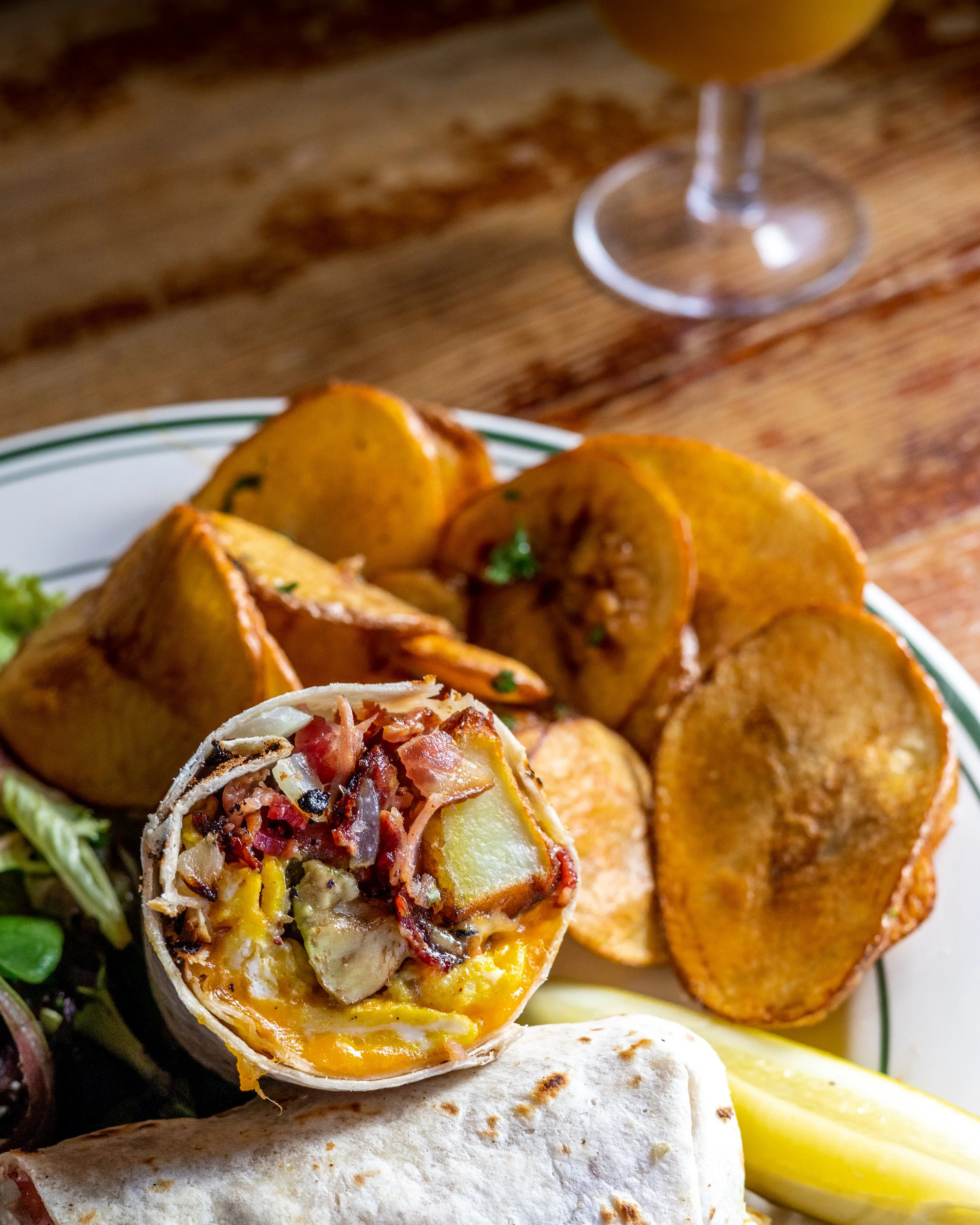 A breakfast burrito and chips at the Weary Traveler, Madison, Wi