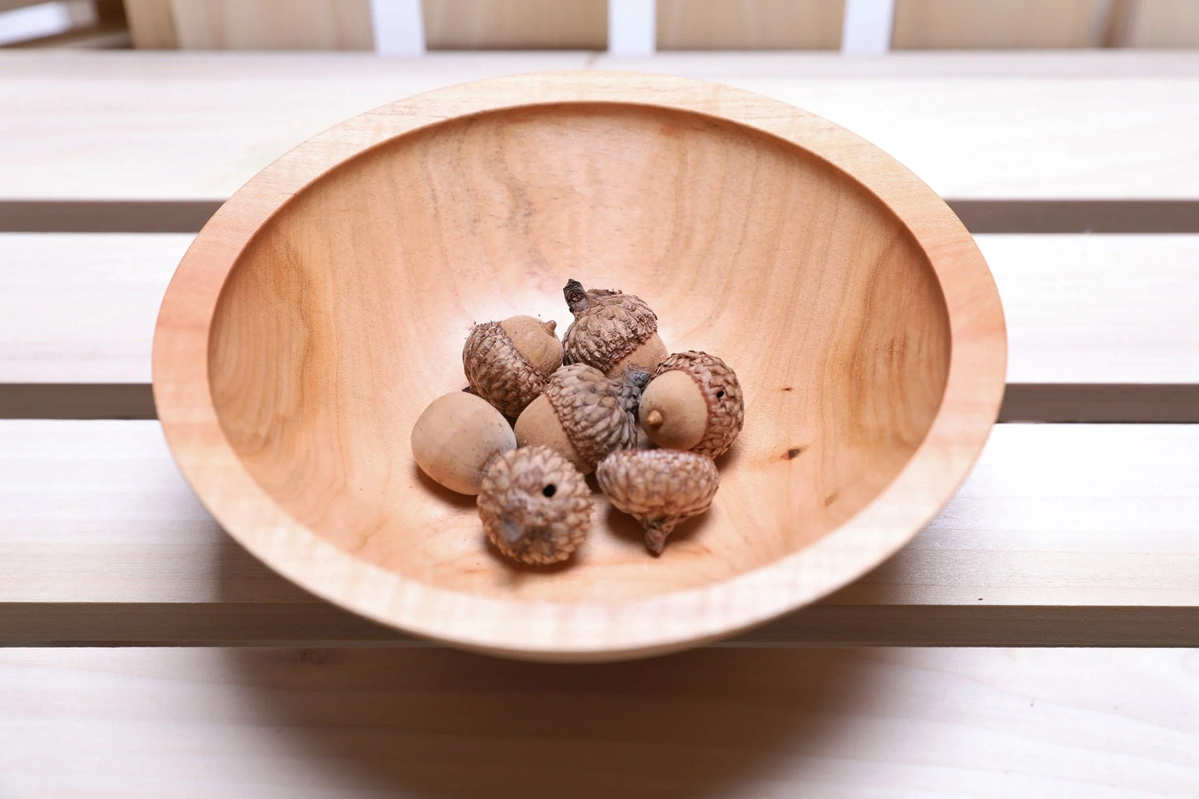 Small Sugar Maple Wooden Bowl #2304 6 1/8" X 2 1/8" Sanders Woodworking acorns in the bottom view 5