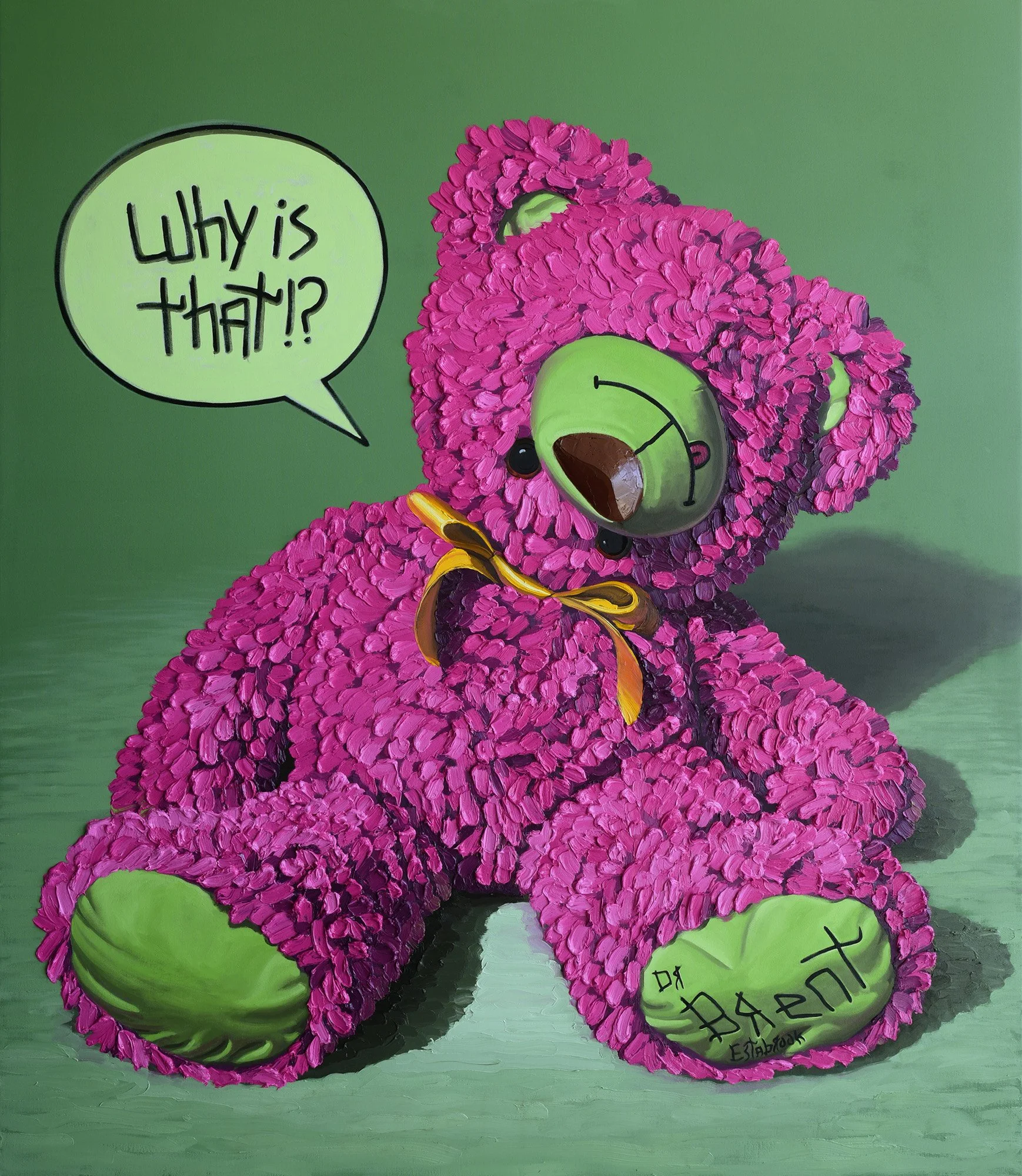  "Why is that!?” Smiles  oil on canvas, 2026 84"x 72" (213cm x 183cm)  Stuffed Animals 