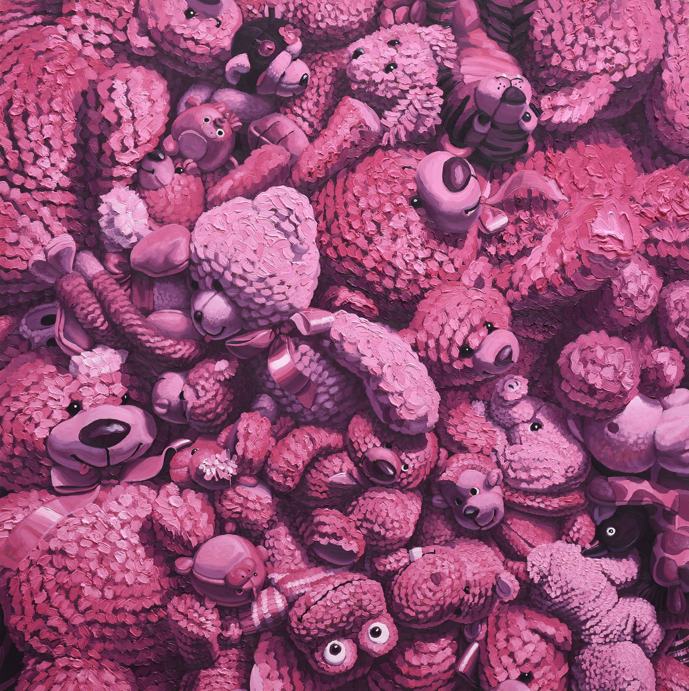 A collection of pink teddy bears and plush toys piled together.