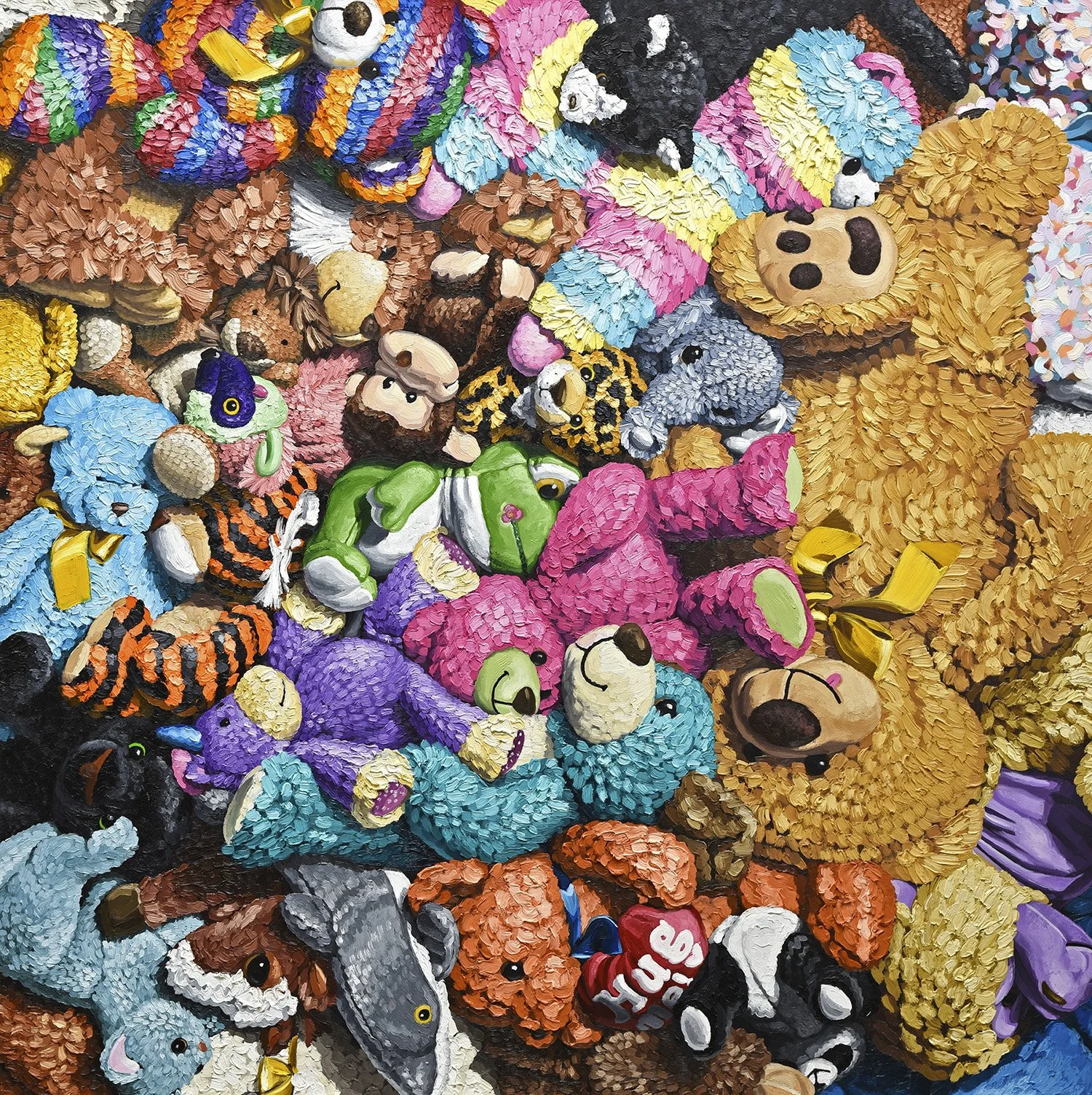  "Good Friends”  oil on honeycomb aluminum, 2022 50"x 50" (127cm x 127cm)  Stuffed Animal Pile   private collection 