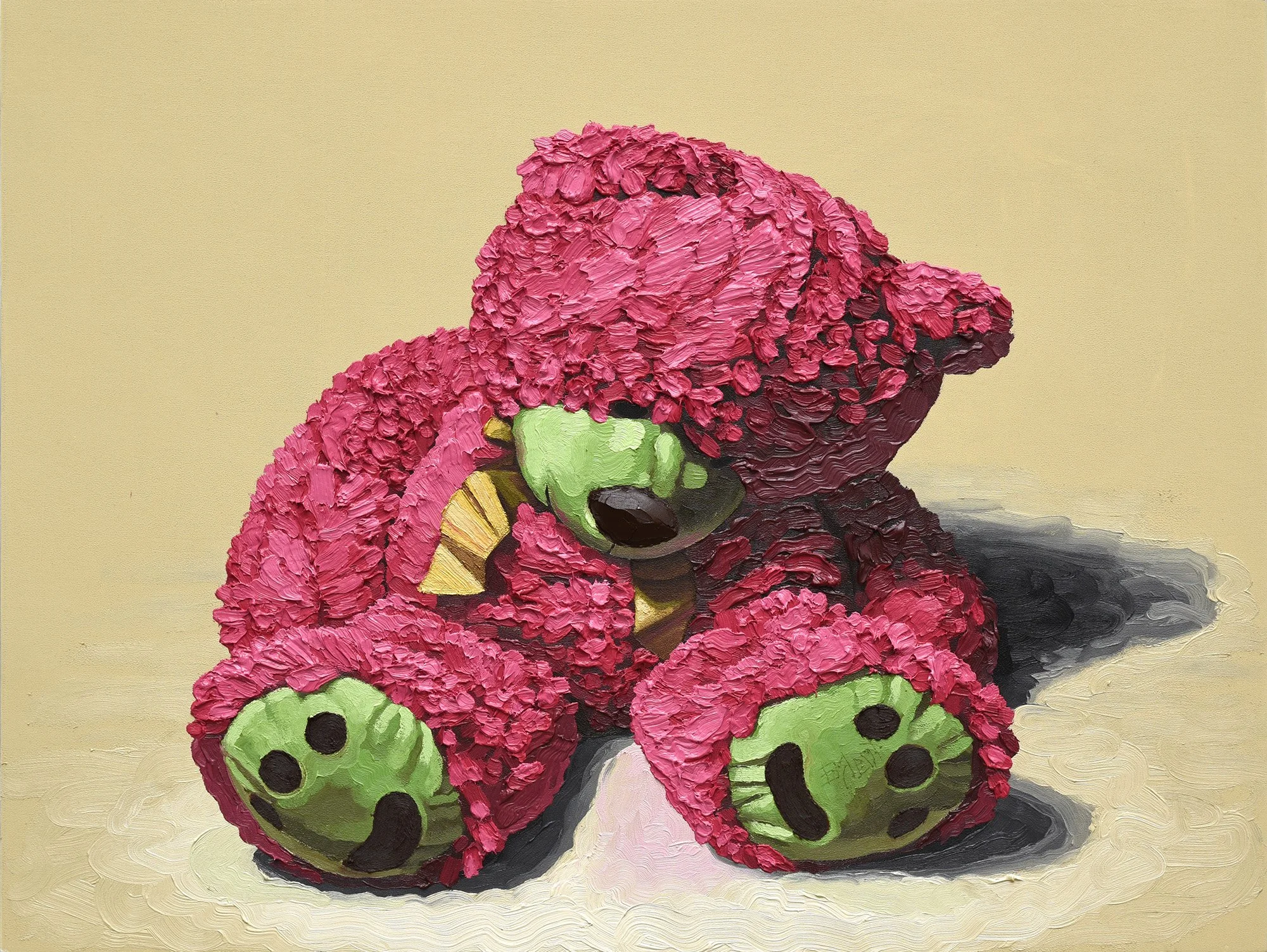  "Pink Bear Green Paws”  oil on panel, 2018 18"x 24" (46cm x 61cm)  Stuffed Animals   private collection 