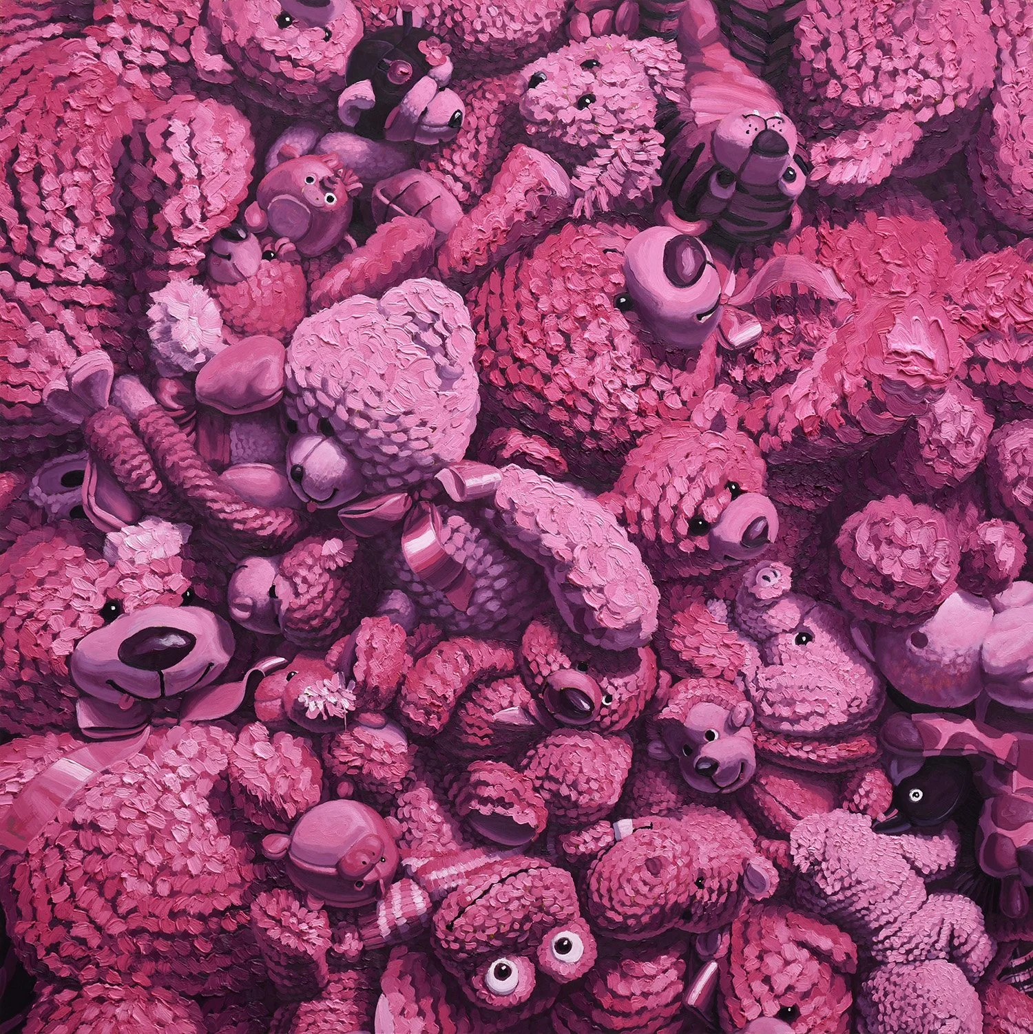  "Pink Riot”  oil on aluminum panel, 2023 48"x 48" (122cm x 122cm)  Stuffed Animal Pile   private collection 