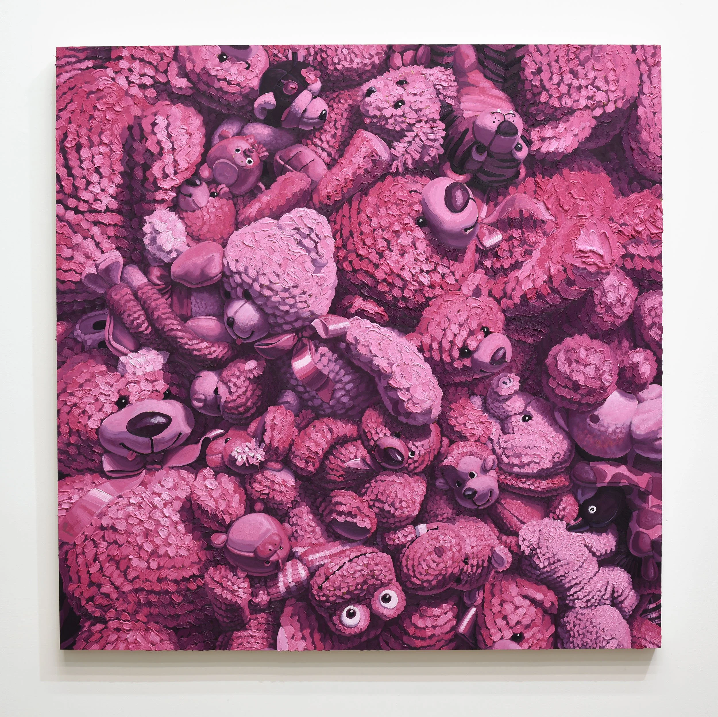  "Pink Riot"  oil on aluminum panel, 2023 48"x48" (122cm x 122cm)  Stuffed Animal Pile   Private Collection 