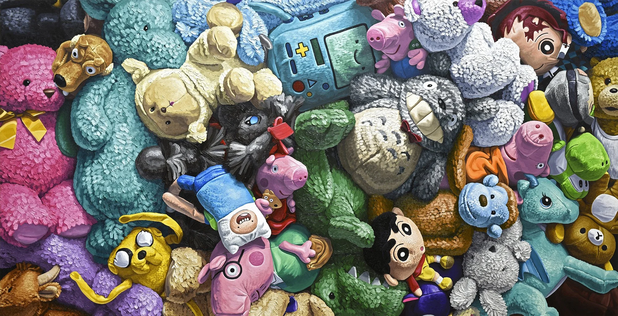  "Treasure Chest”  oil on canvas wrapped honeycomb aluminum, 2021 60"x 118" (153cm x 300cm)  Stuffed Animal Pile   private collection 