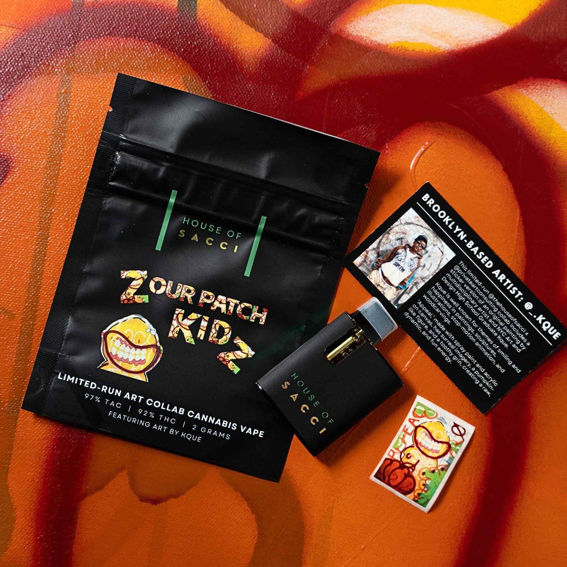 Introducing Zour Patch Kidz, the 2 gram limited-run art collab premium cannabis vape from House of Sacci created in collaboration with Private Art Consulting x Artist Kque, with a perfectly balanced sweet and sour flavor.