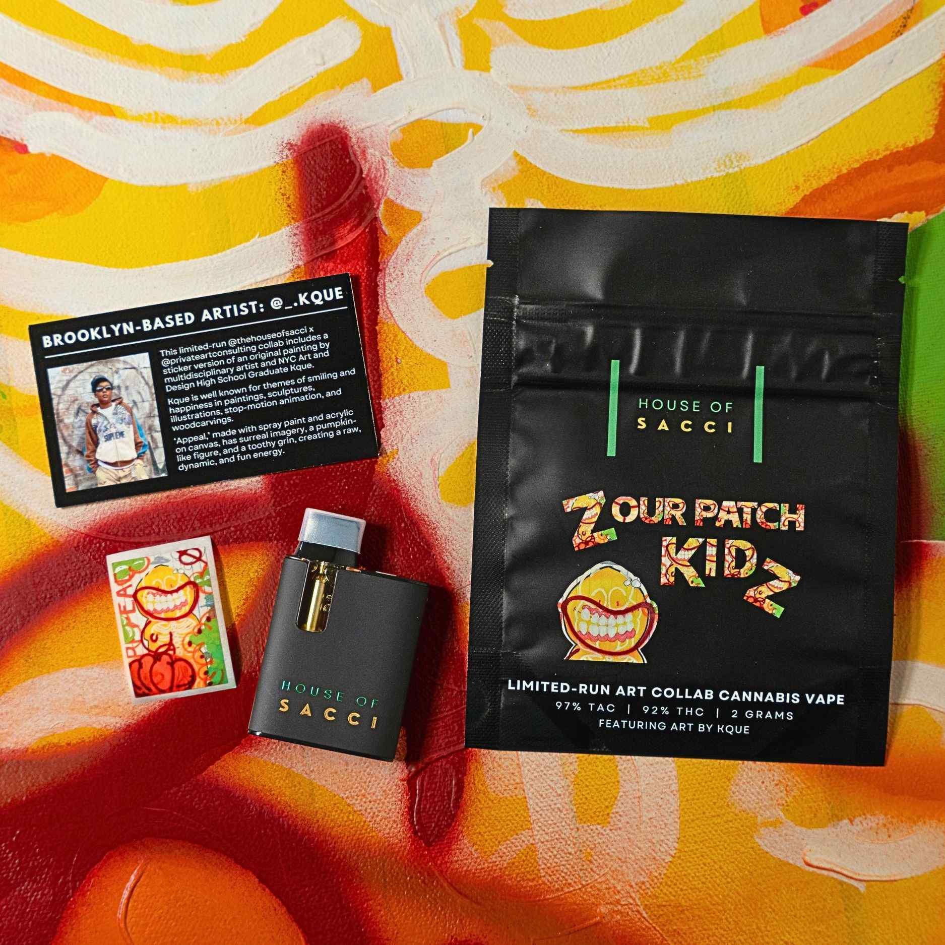 Introducing Zour Patch Kidz, the 2 gram limited-run art collab premium cannabis vape from House of Sacci created in collaboration with Private Art Consulting x Artist Kque, with a perfectly balanced sweet and sour flavor.