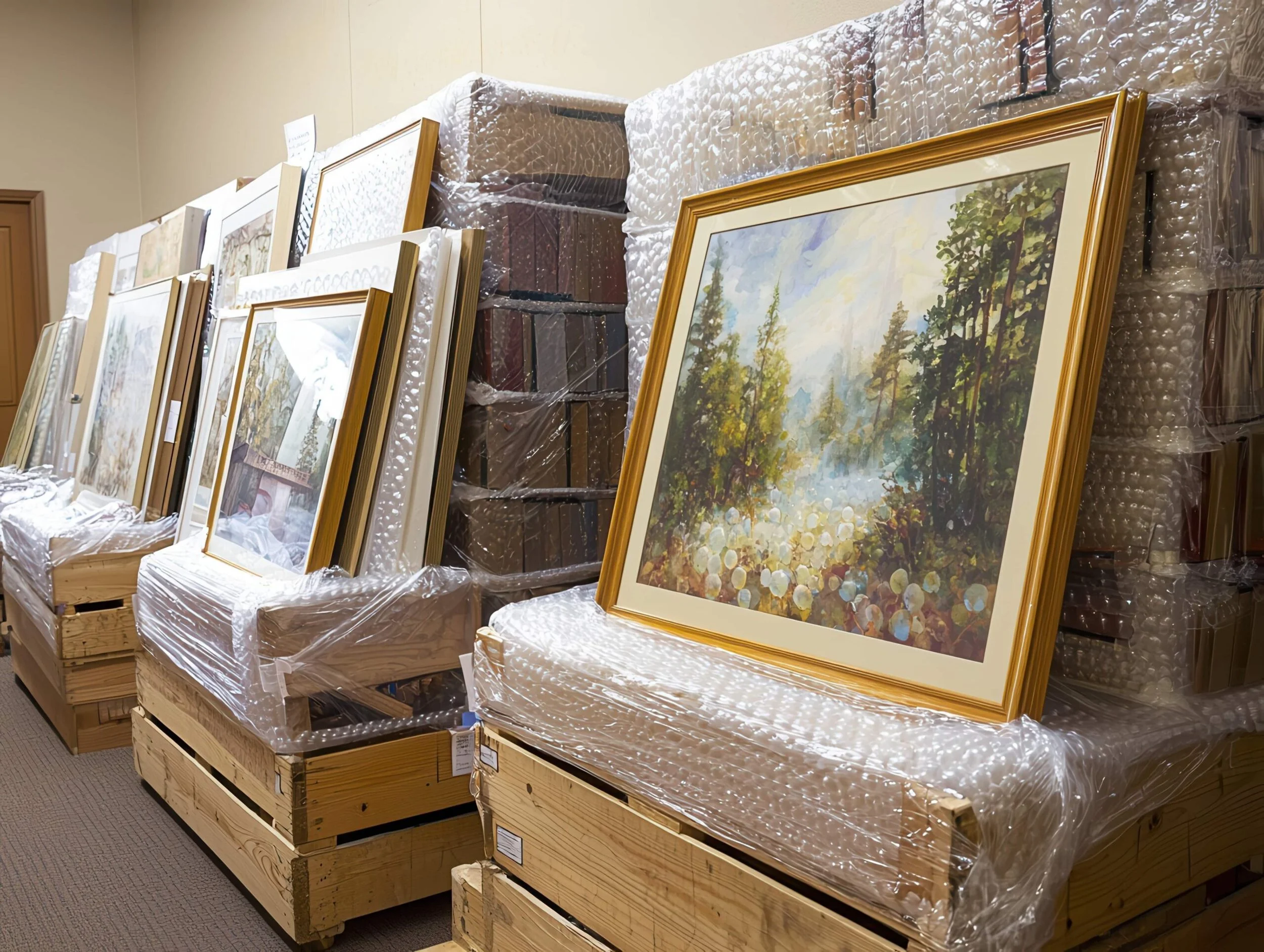 Paintings stored in a warehouse, leaning against cardboard boxes and stacked on wooden pallets, wrapped in plastic.