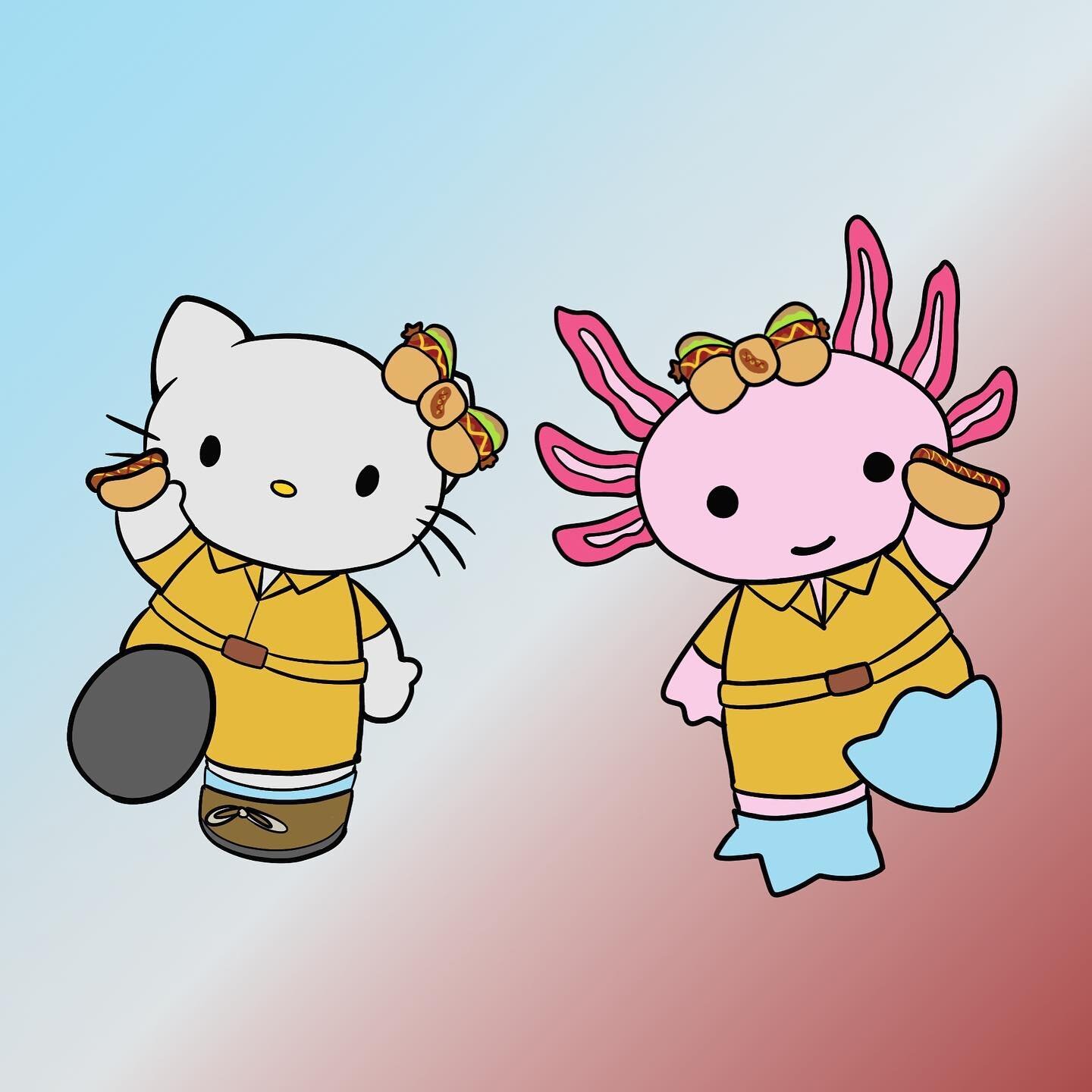hello kitty hot dog theme!! also this is my own character ( Sanrio Sona??) on the right named Ticcy Diggy !! 💛💛
🌭
🌭
#hotdog #hellokitty #fanart #hellokittyfanart #HK #sanrio #sanriosona #sona #axolotl #overalls #bow #cute #kawaii 

i don&rsquo;t 