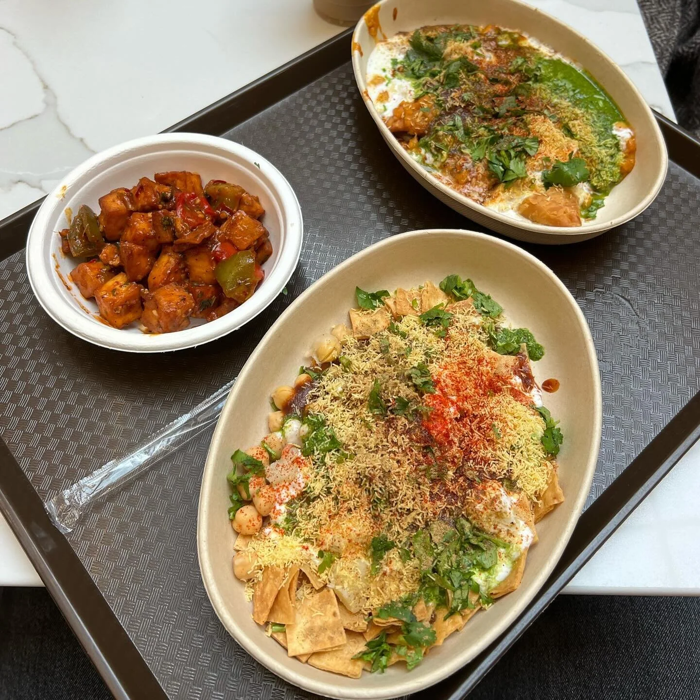 Chaat and chili paneer from the cafeteria at BAPS Swaminarayan Akshardham, the second largest Hindu temple on earth, in Robbinsville, NJ. Happy New Year!