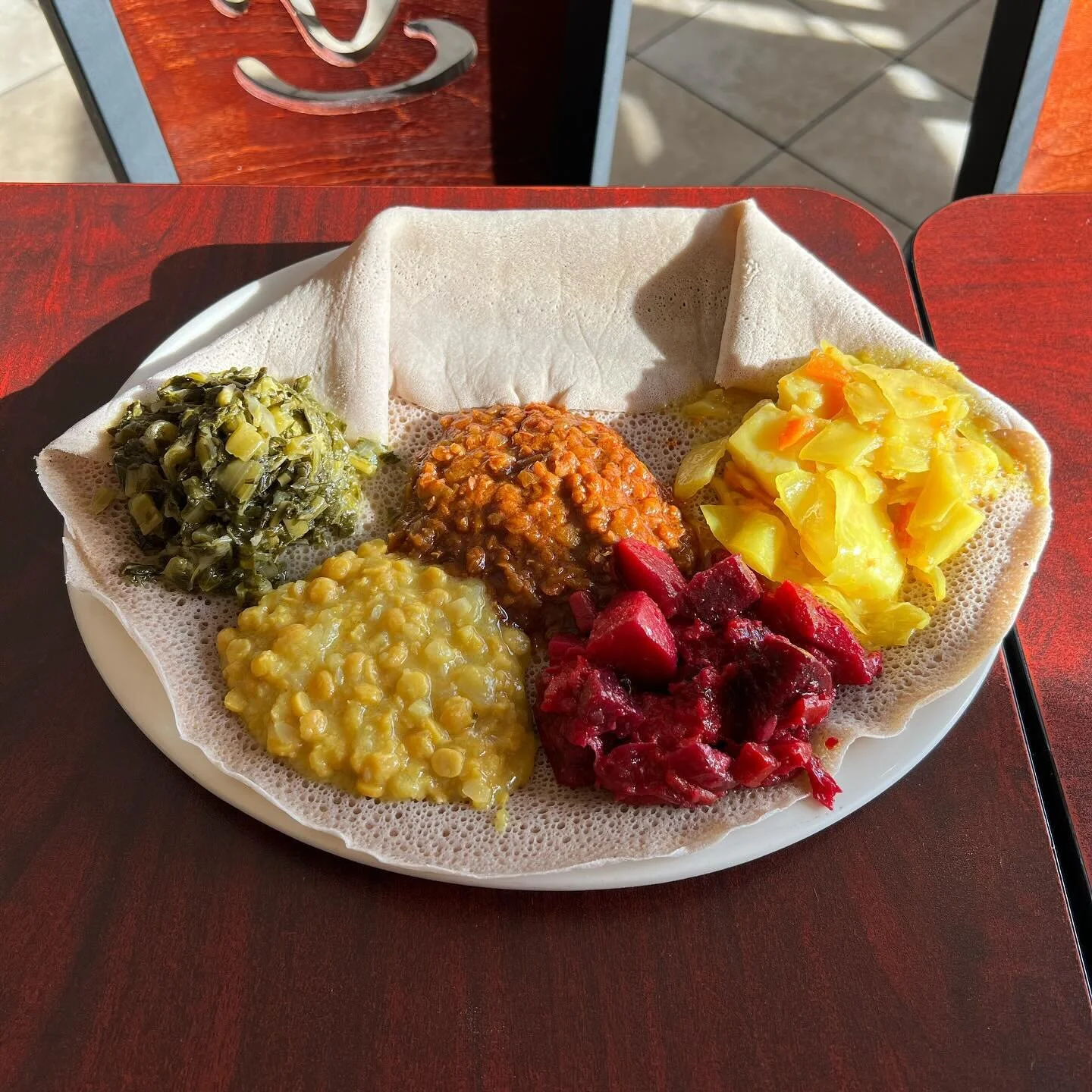 Five lovely veggies of the day at Sora Ethiopian Cafe in Alexandria