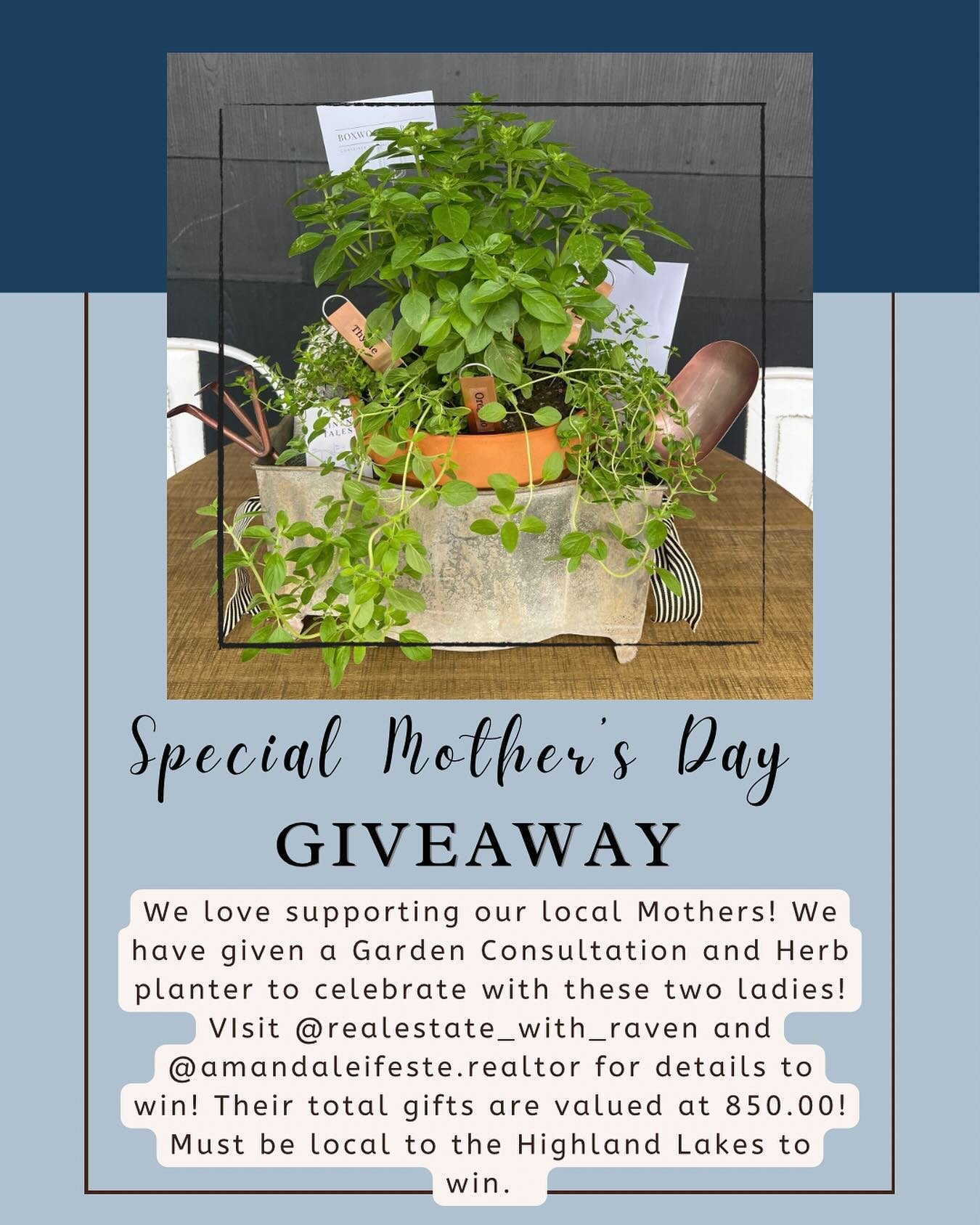 You know we love supporting our local businesses! We are honored to contribute a Garden Consultation and Herb planter to the Mother&rsquo;s Day Giveaway by @realestate_with_raven  and @amandaleifeste.realtor. Head to their accounts for details to win