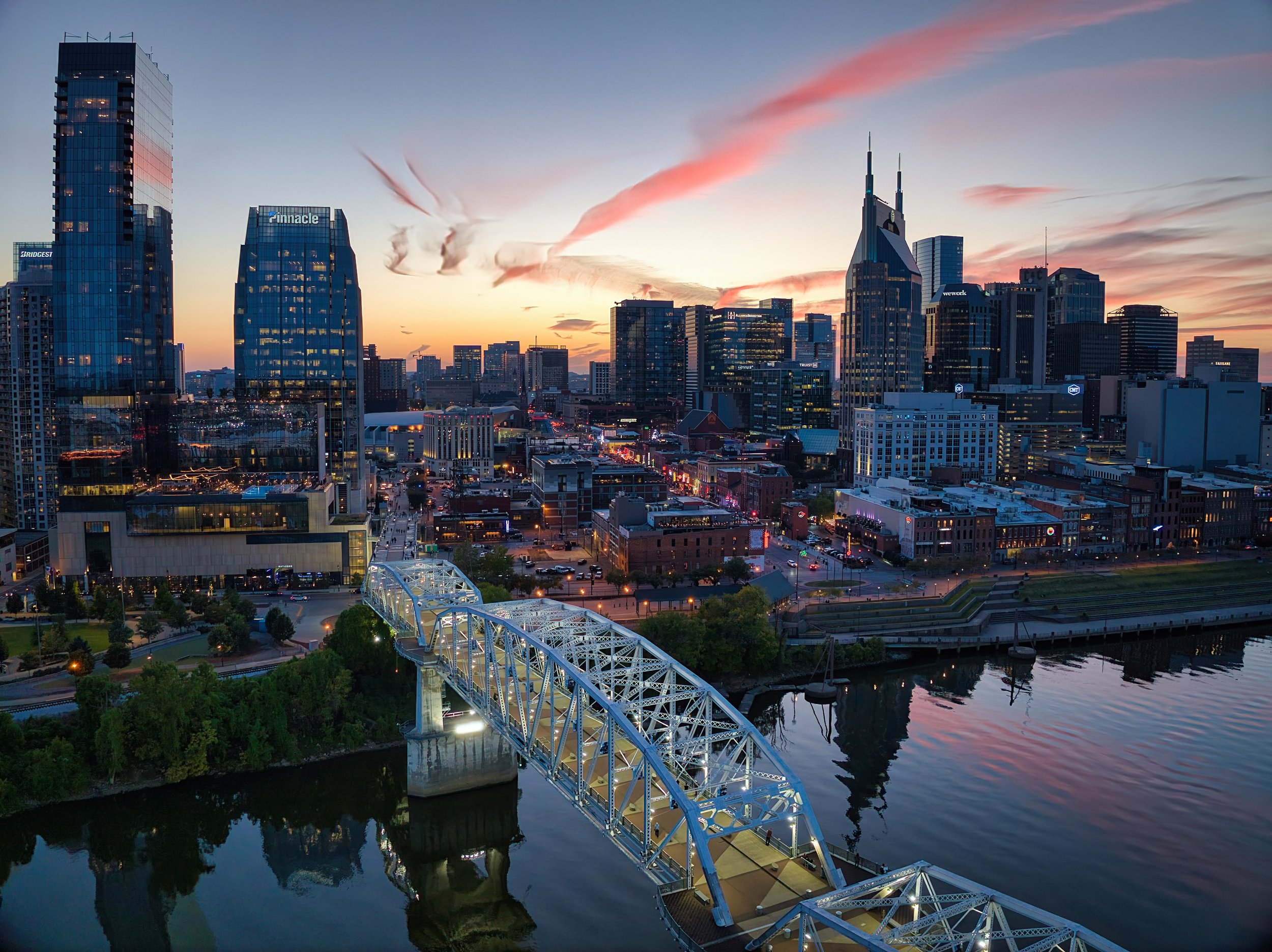 Handout-Nashville pedestrian bridge and skyline Oct 2023 CREDIT Nolensville Drone Production.jpg