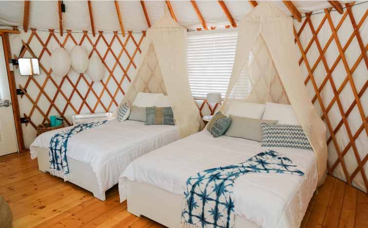 The inside of a yurt at Launch Pointe in Lake Elsinore, California.