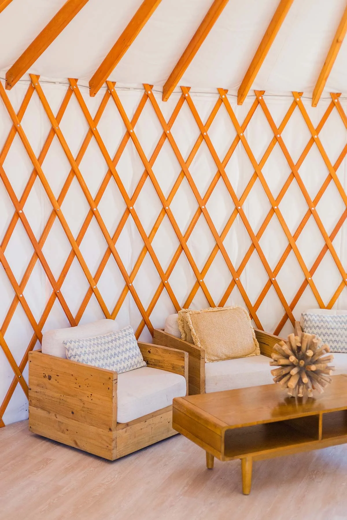 The beautiful living room space inside of a yurt at Launch Pointe in Lake Elsinore, California.