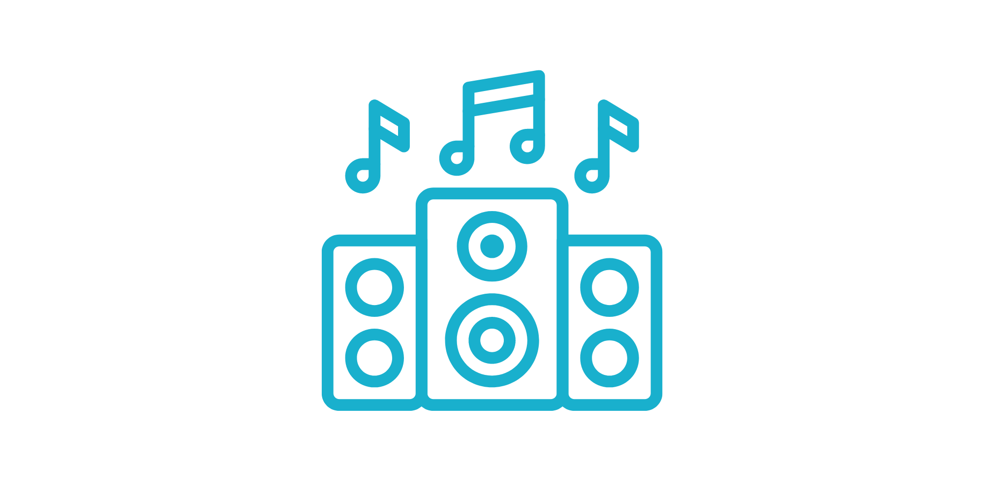 Graphic icon of speakers playing music.