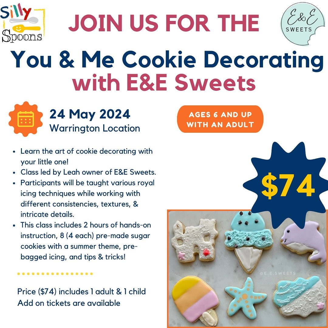 Join us on May 24th for a sweet bonding experience at Silly Spoons Warrington! Our &lsquo;You &amp; Me Cookie Decorating Class&rsquo; with E&amp;E Sweets is the perfect opportunity to create delicious memories with your loved ones. Limited spots avai