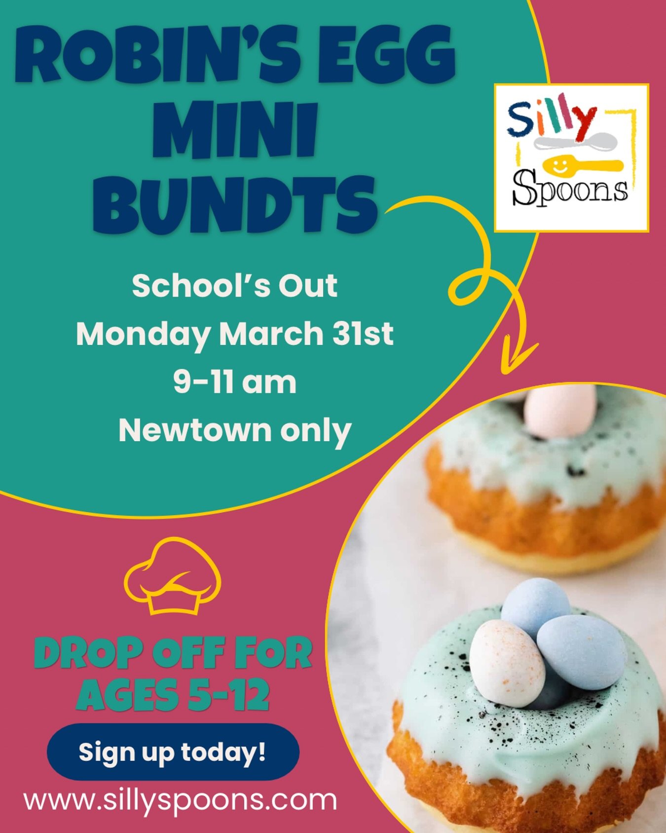 🪺Join us for a fun-filled class. Kids will learn the art of baking and decorate their very own Robin&rsquo;s Egg Mini Bundts. Sign up now for a yummy experience that blends learning and fun. Spaces are limited, so reserve your spot today!

#sillyspo