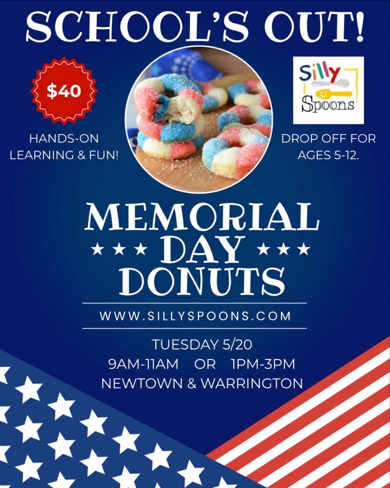 🇺🇸🎉 Celebrate Memorial Day with a splash of color and flavor! Join our kids&rsquo; baking class where we&rsquo;ll whip up delicious red, white, and blue donuts from scratch. With school out, it&rsquo;s the perfect time for young bakers to get crea