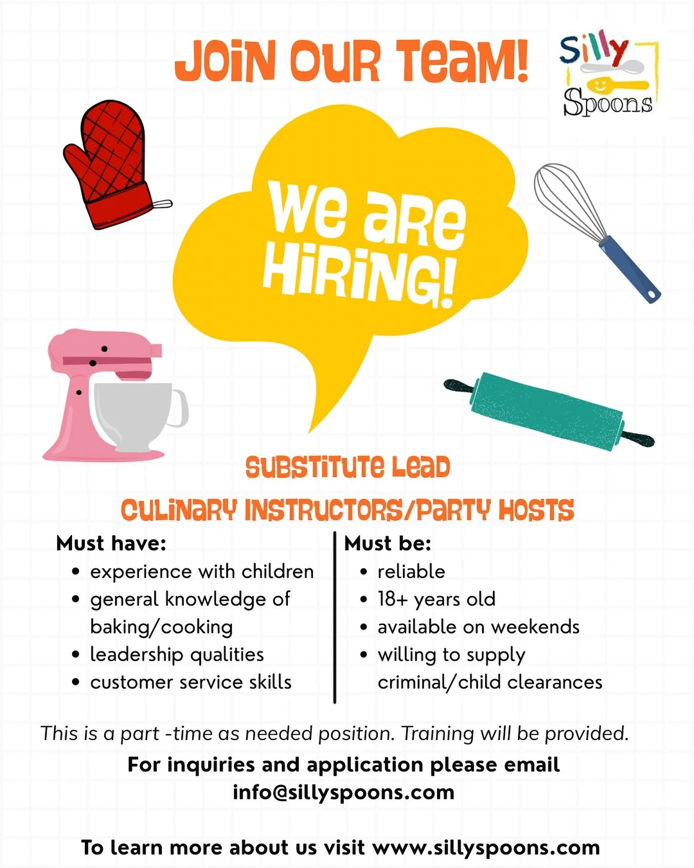 Are you passionate about baking or cooking and love working with kids? We&rsquo;re looking for energetic and reliable culinary instructors to join our dynamic team! As an instructor, you&rsquo;ll have the opportunity to inspire young chefs by teachin