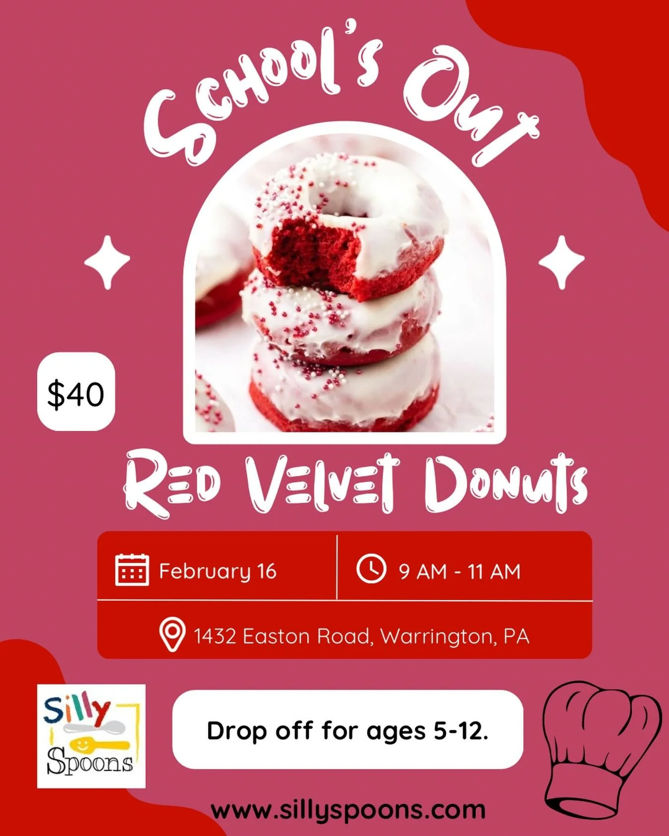 Hey, little bakers! 👩&zwj;🍳🧑&zwj;🍳Ready for some deliciousness? Join our Red Velvet Donuts class! 🍩&hearts;️Learn to make tasty Red Velvet Donuts from scratch. Spots are limited, so sign up today and let&rsquo;s bake magic together! 

#sillyspoo