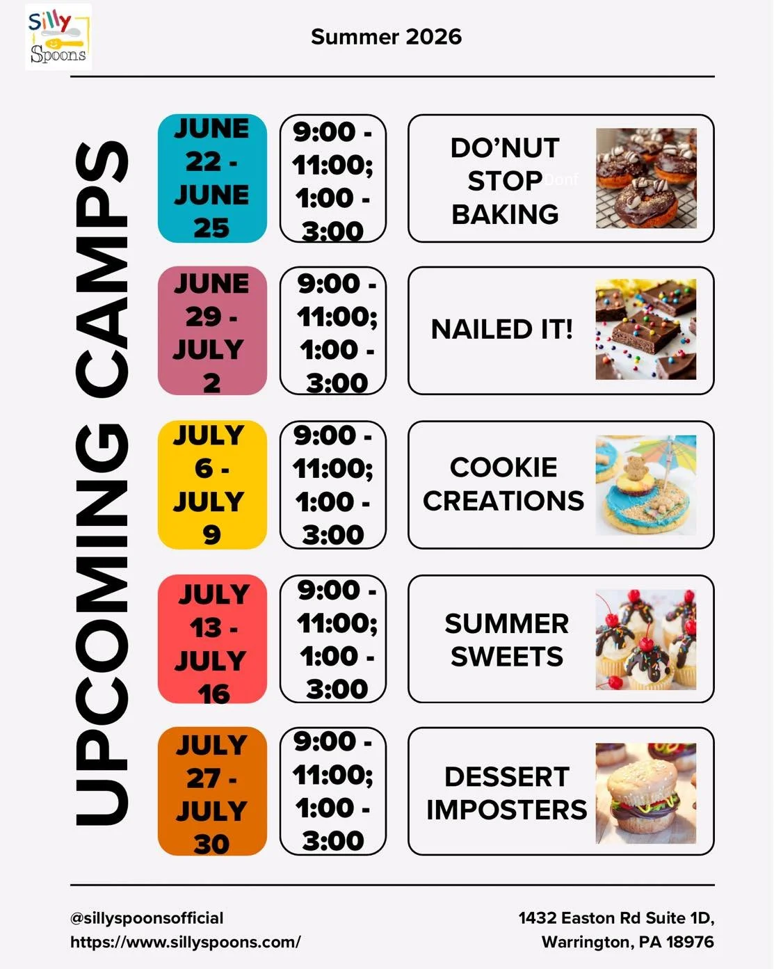 We are so excited for our upcoming summer camp. 👩🏻&zwj;🍳 🧑🏻&zwj;🍳Here is a list of our events and when they occur, so you can mark it down on your calendars! 🗓️ If your little chef would love to participate in our summer camp, you can sign the