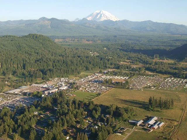 Aerial view of Enumclaw, WA. Picture includes a view of Mt. Rainier.