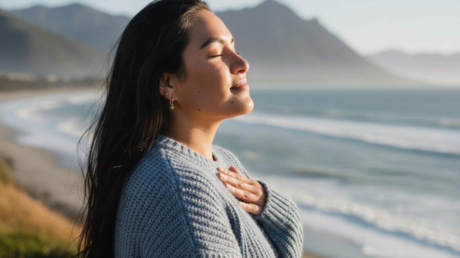 Mindful breathing by the beach inspired by INXHALE World’s holistic wellness and stress-relief philosophy.