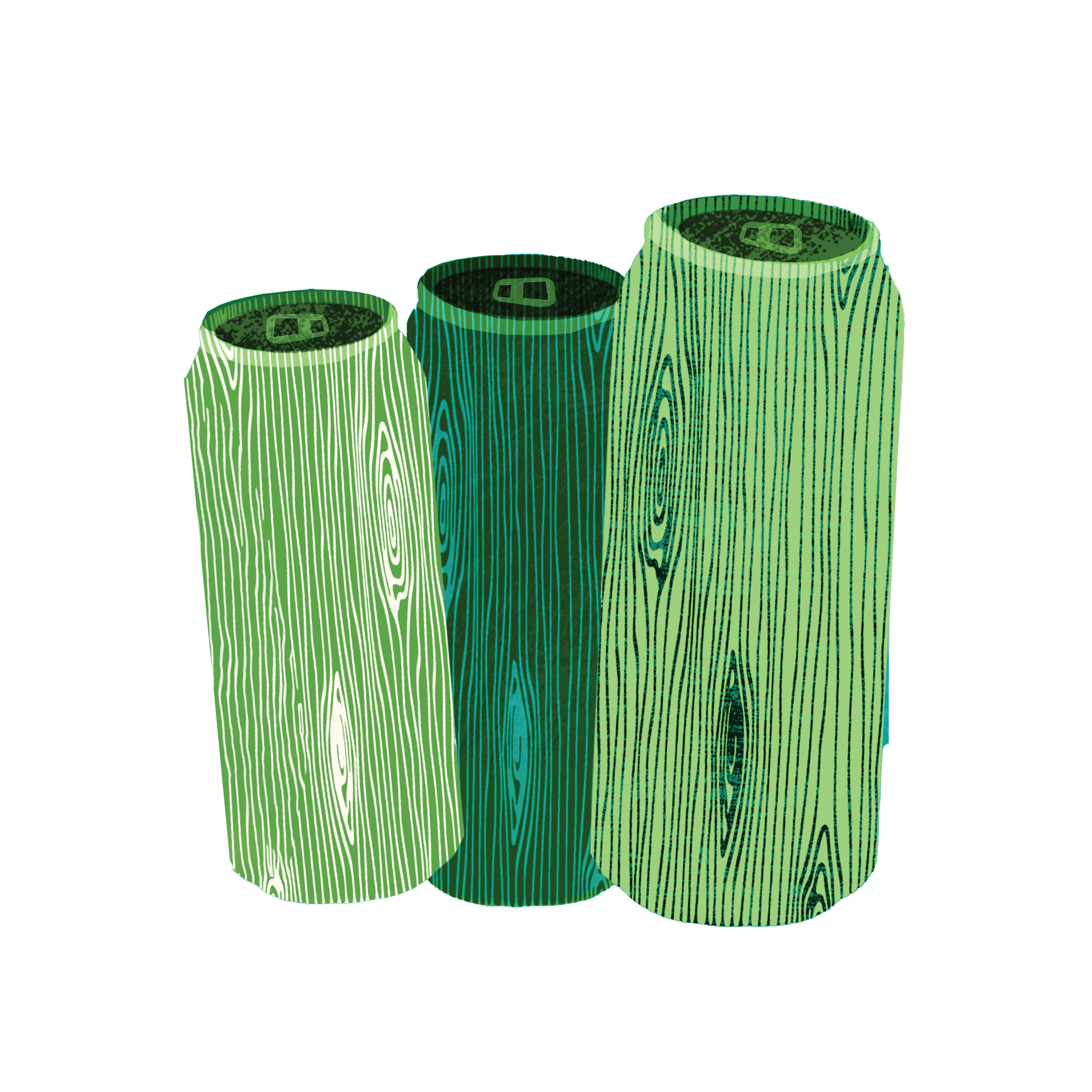 Three soda cans with wood grain design in different sizes, arranged from smallest to largest, with pull tab openings on top, on a black background.