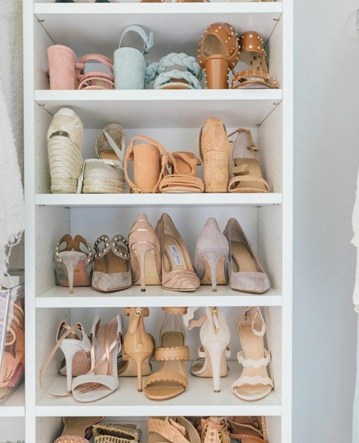 Need more space for your shoes? Arrange them heel to toe on the shelf, as demonstrated by @inmyclosetblog.

Do you prefer displaying all your shoes like this or keeping them hidden behind closed closet doors? It's fascinating how some people find joy