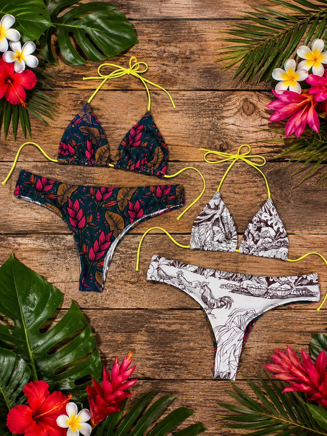 Hot Pink Heliconas & Jungle Fowl Two Piece
