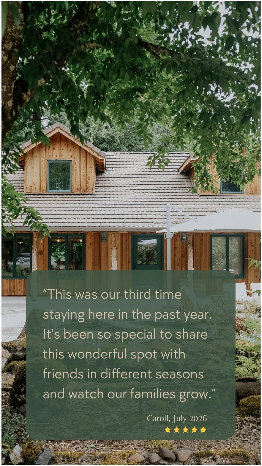 Deep Creek Farmstead's private creekfront vacation rental surrounded by lush forest near Portland, Oregon.