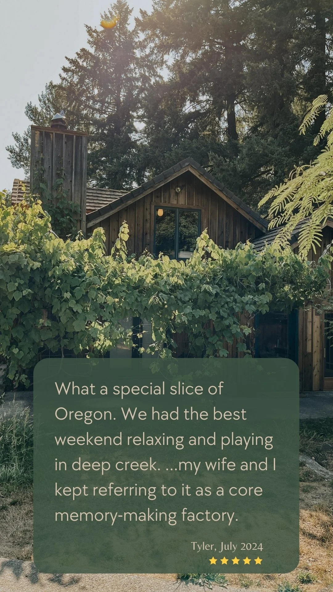 A lovingly crafted wood-sided vacation home surrounded by climbing grapevines and towering trees at Deep Creek Farmstead near Portland, Oregon.